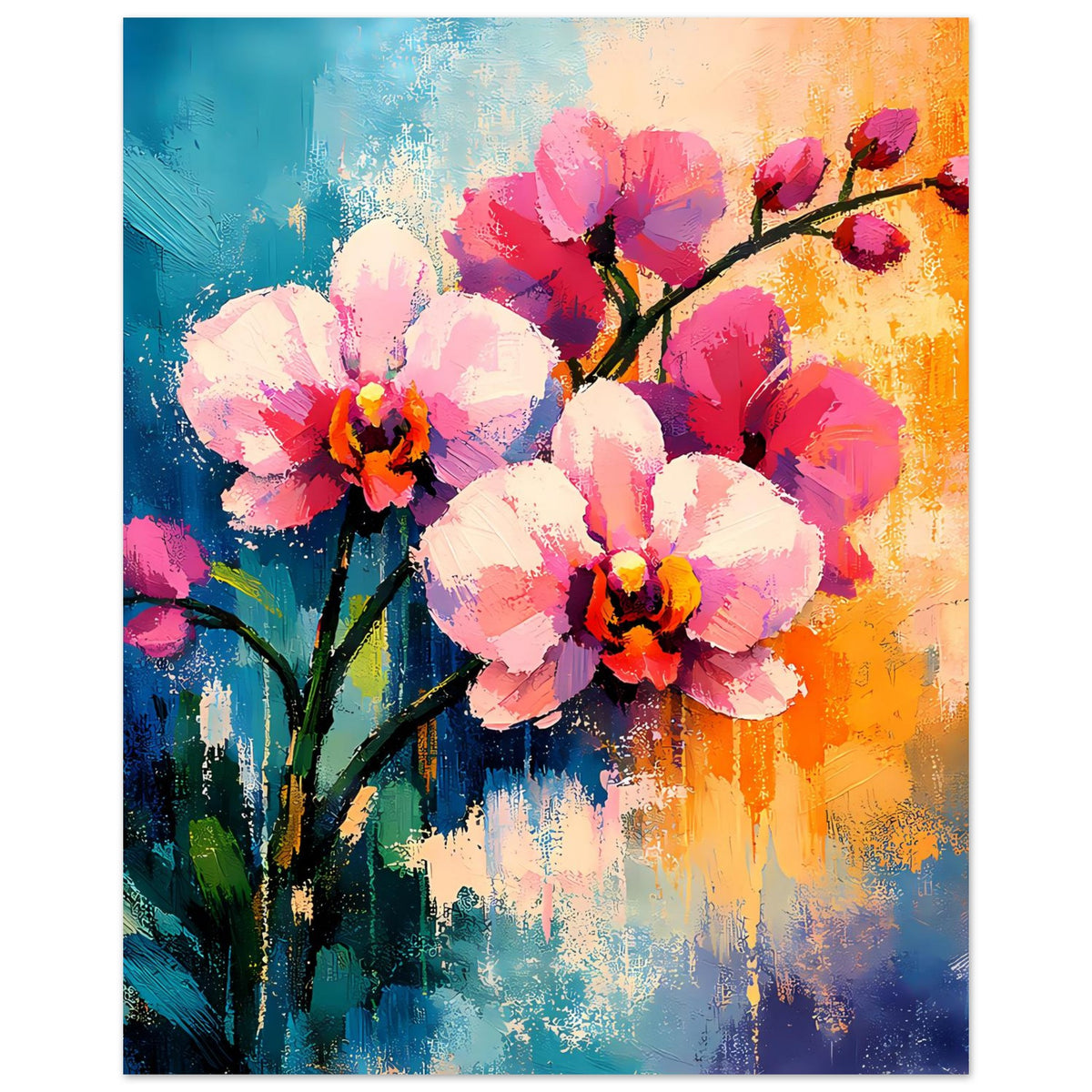 Blumenposter im Hochformat: rosa und rote Blüten mit schwarzen Ästen, orangefarbener Hintergrund