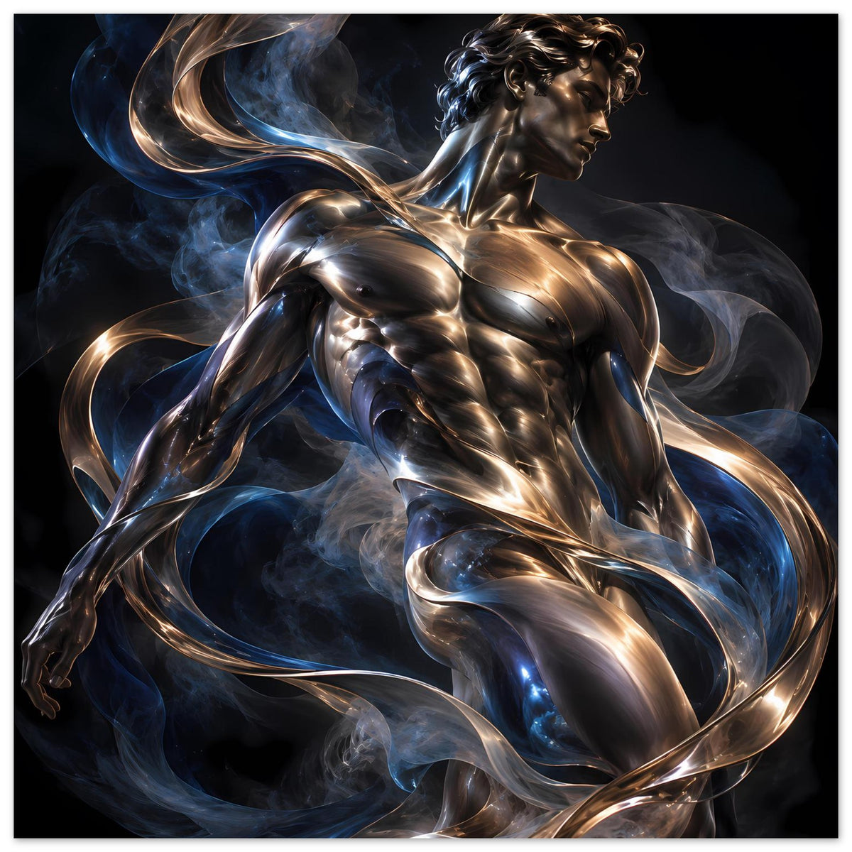 Kunstposter mit Metallfigur in Bewegung, glänzende Gold- und Silberoptik, blaue Rauchschwaden