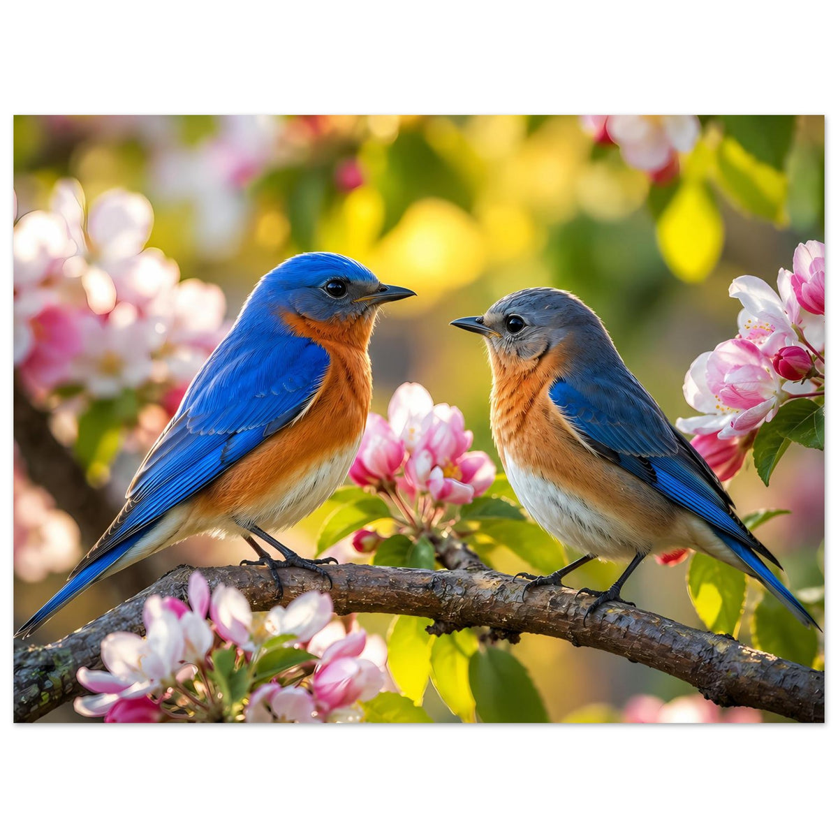Posteransicht: zwei Blaumeisen auf Zweig mit rosafarbenen Blüten in der Mitte