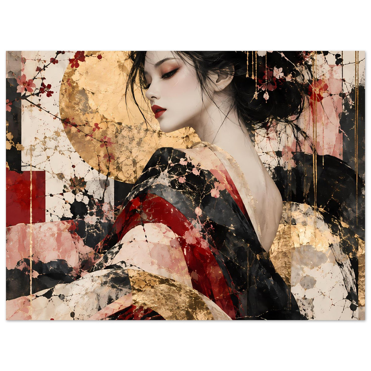 Asiatisches Wandposter mit Frau in Rot, Rosé und Gold