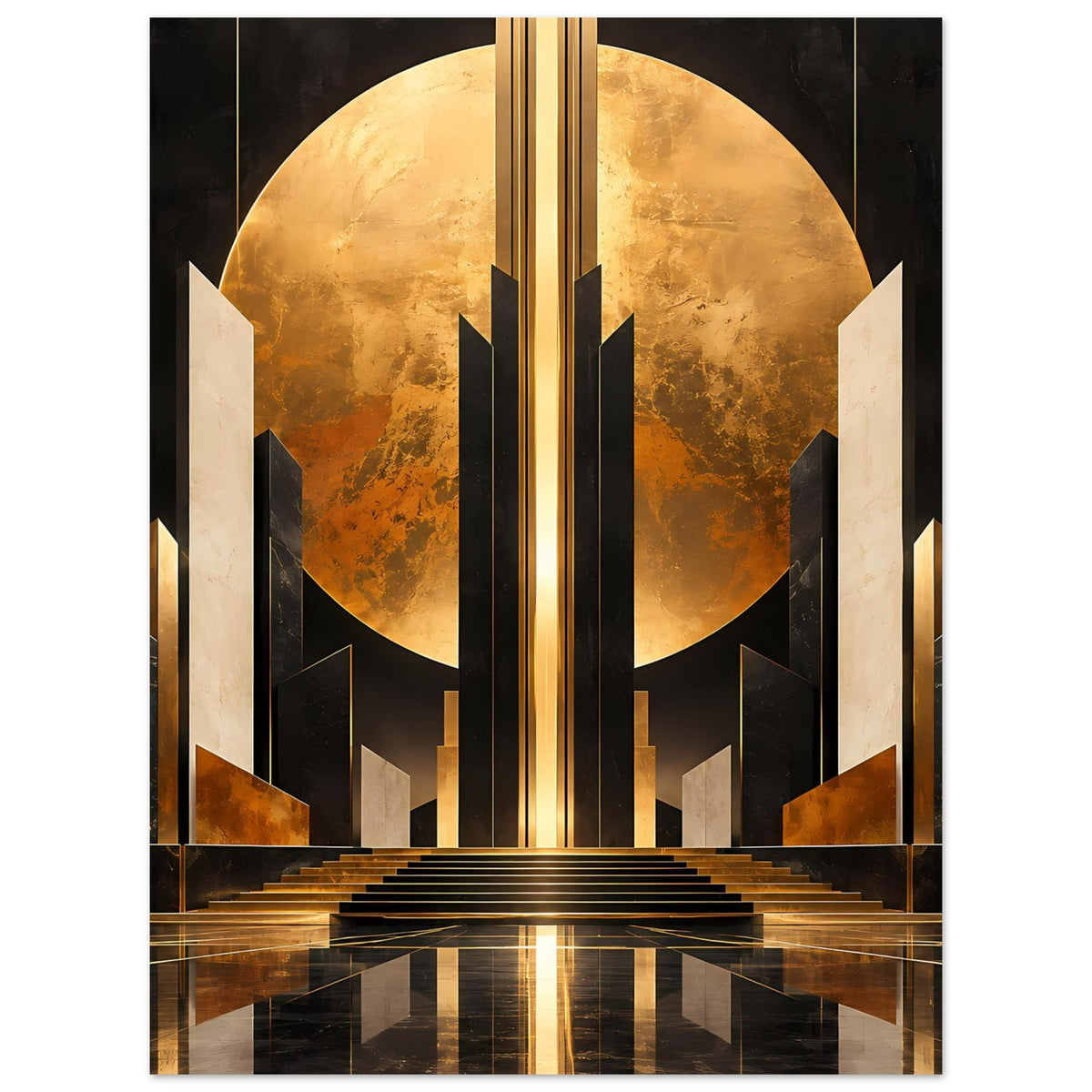 Vertikales Art-Déco-Poster in Gold und Schwarz mit großer goldener Scheibe