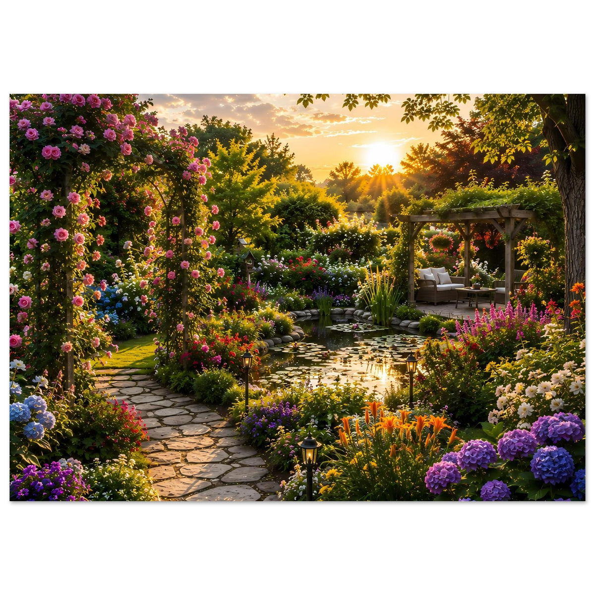 Blumenposter mit Gartenweg, bunten Blüten und Sonnenuntergang über grünen Beeten