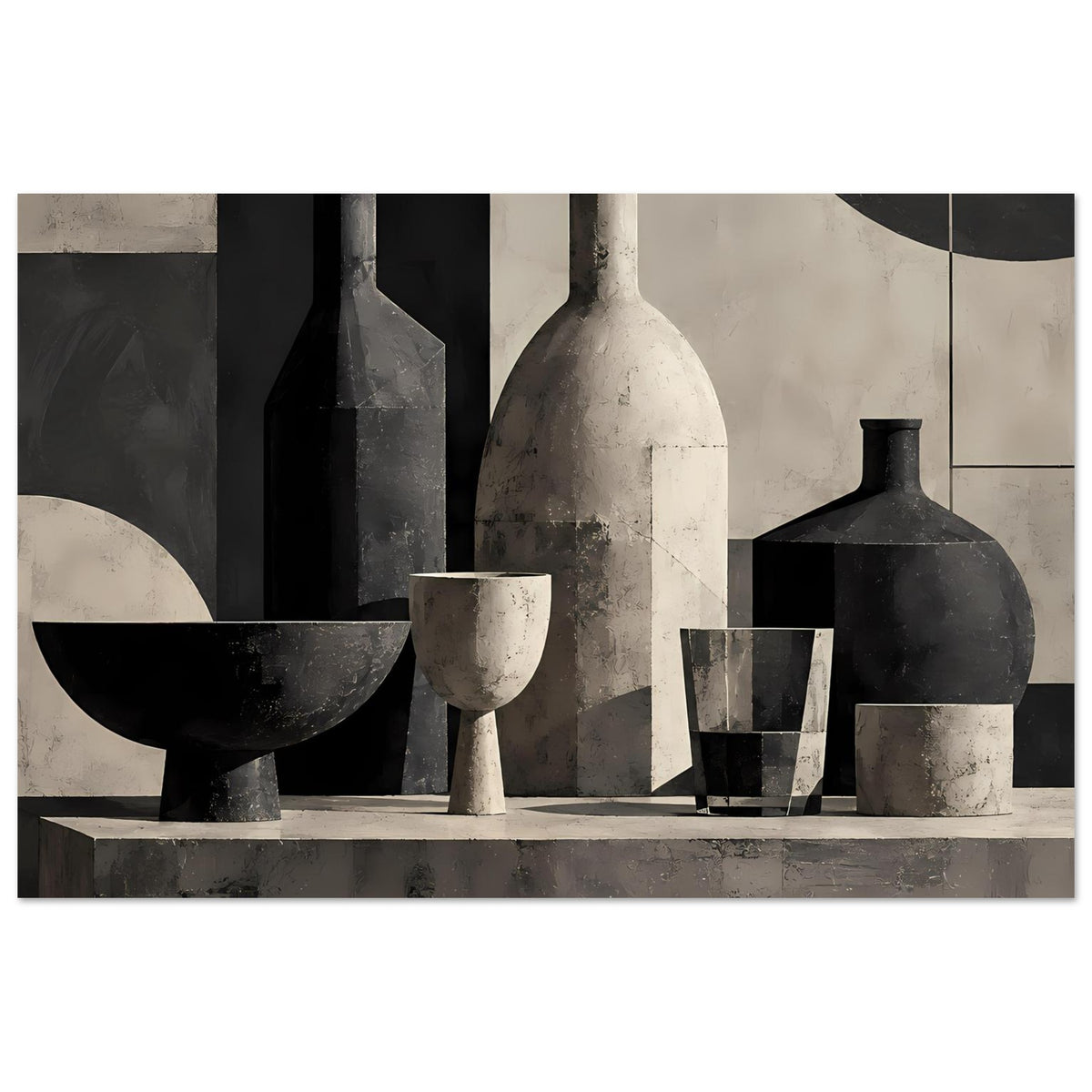 Poster mit Schwarz-Weiß-Stillleben: große Flasche, Vase und Gläser in gedämpften Tönen