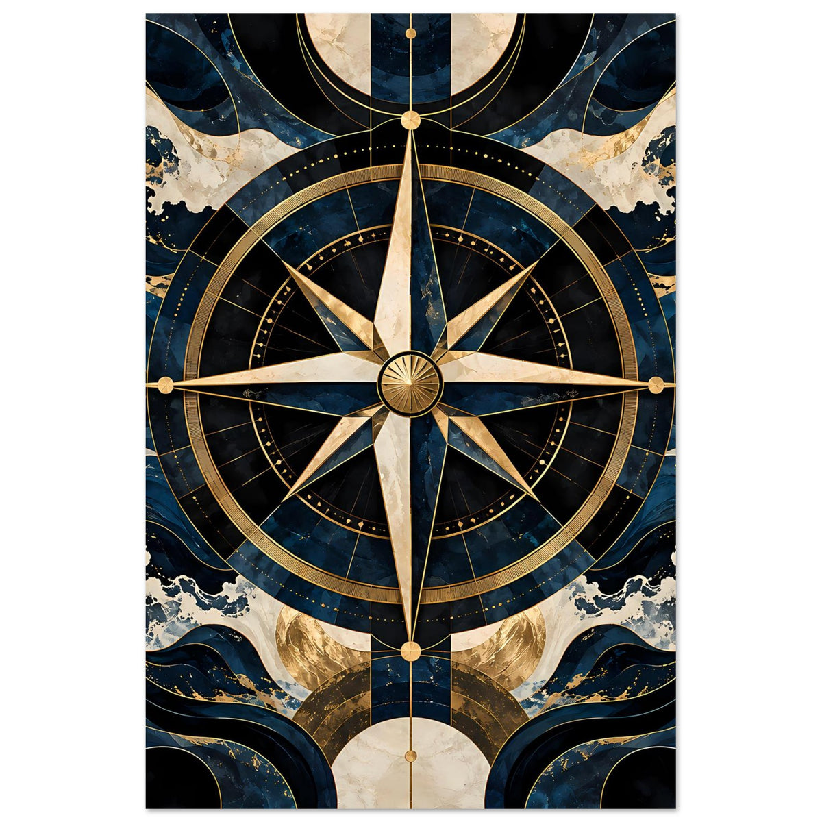 Vertikales Navigationsposter mit goldener Kompassrose vor dunklem Blau
