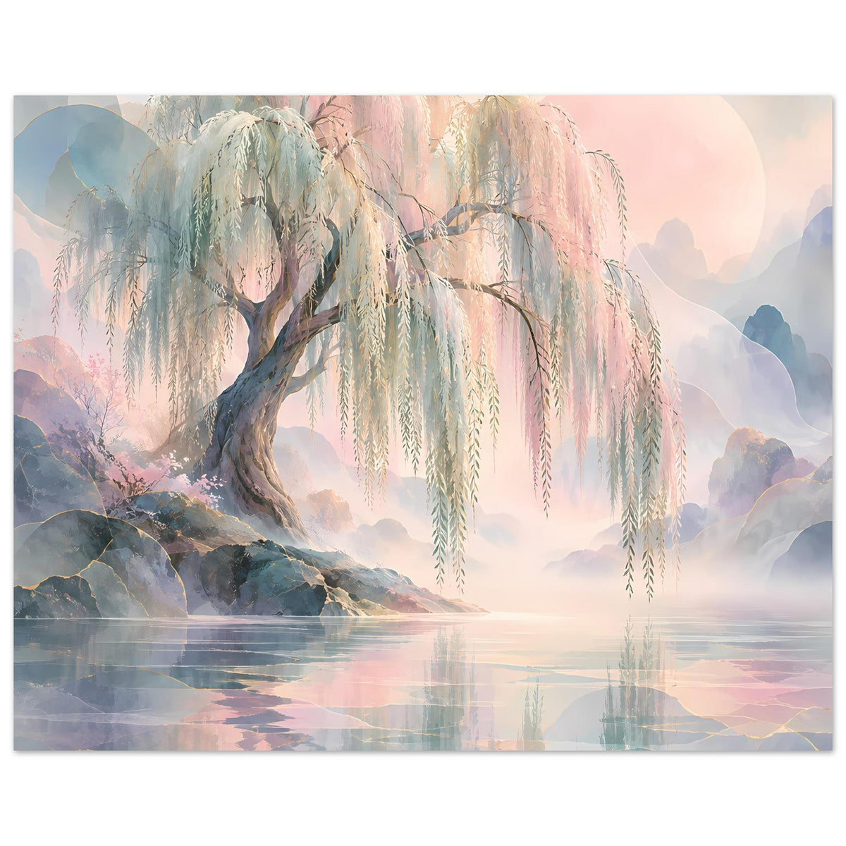 Naturposter: Trauerweide am Wasser, wehende baumartige Äste, Pastellfarben, rechteckig