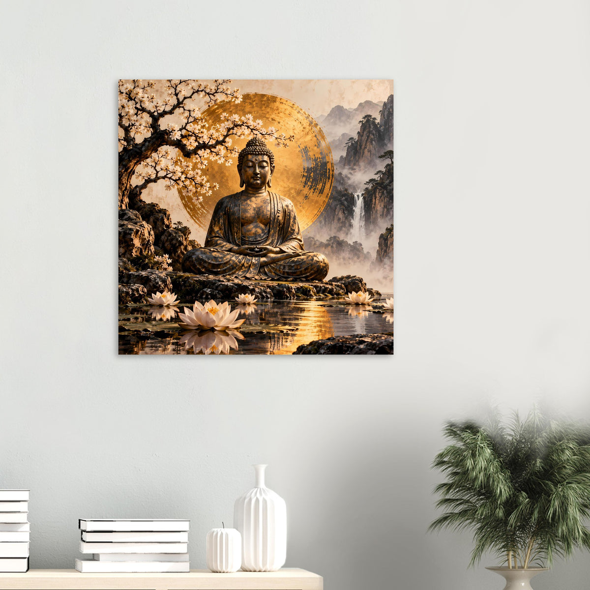 Poster-Detailansicht: Buddha mit goldener Aura, Kirschblüten, Lotusblumen und Wasseroberfläche
