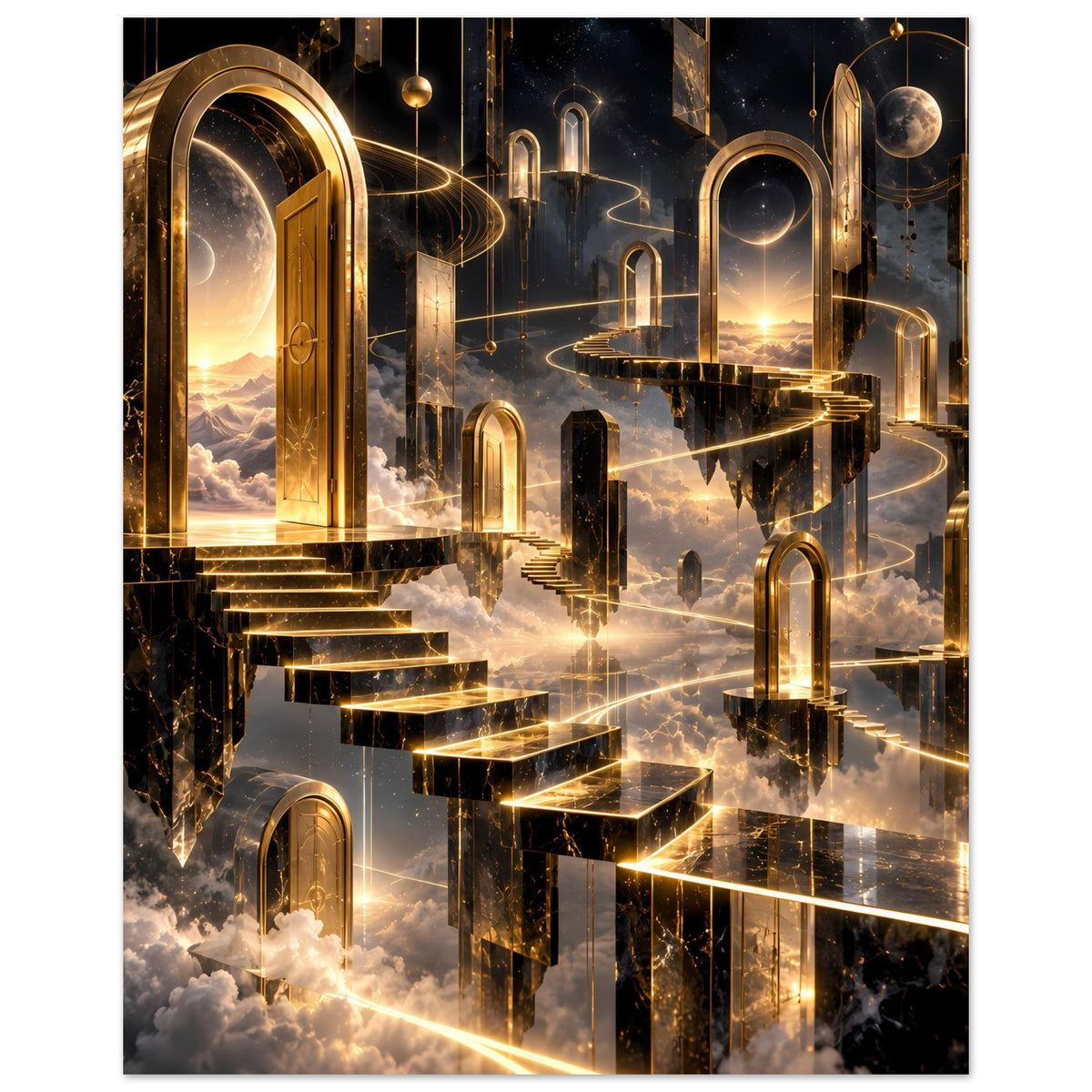 Hochformatiges Poster: goldene Säulen und Bögen, leuchtende Wege und Wolken im Vordergrund.
