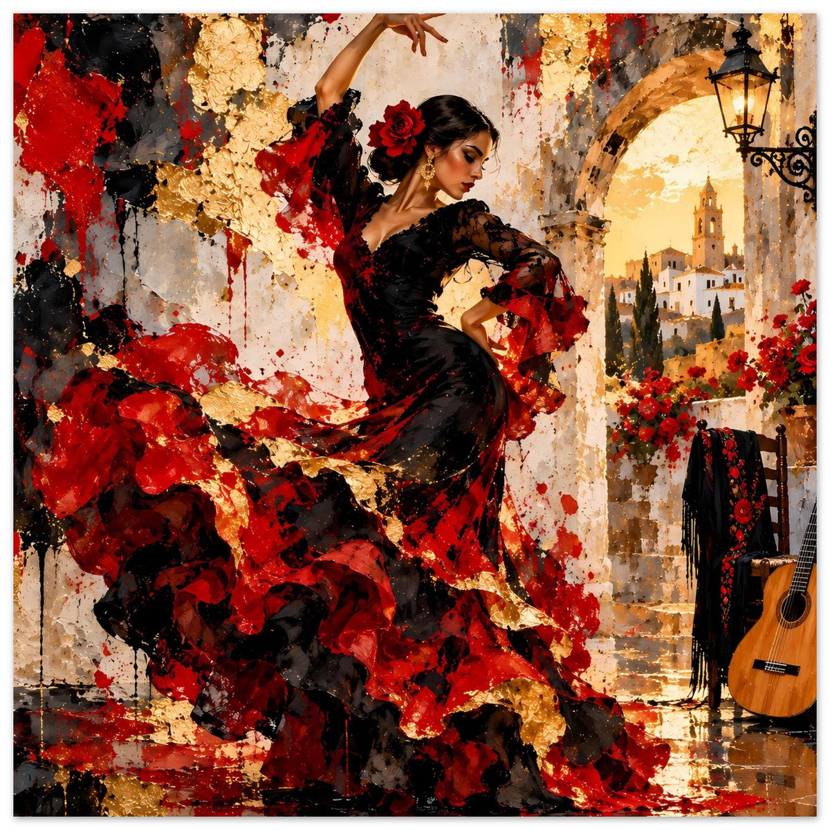 Poster mit Flamenco-Tänzerin in Schwarz und Rot, Ganzkörper, oben und unten großflächiger Farbauftrag