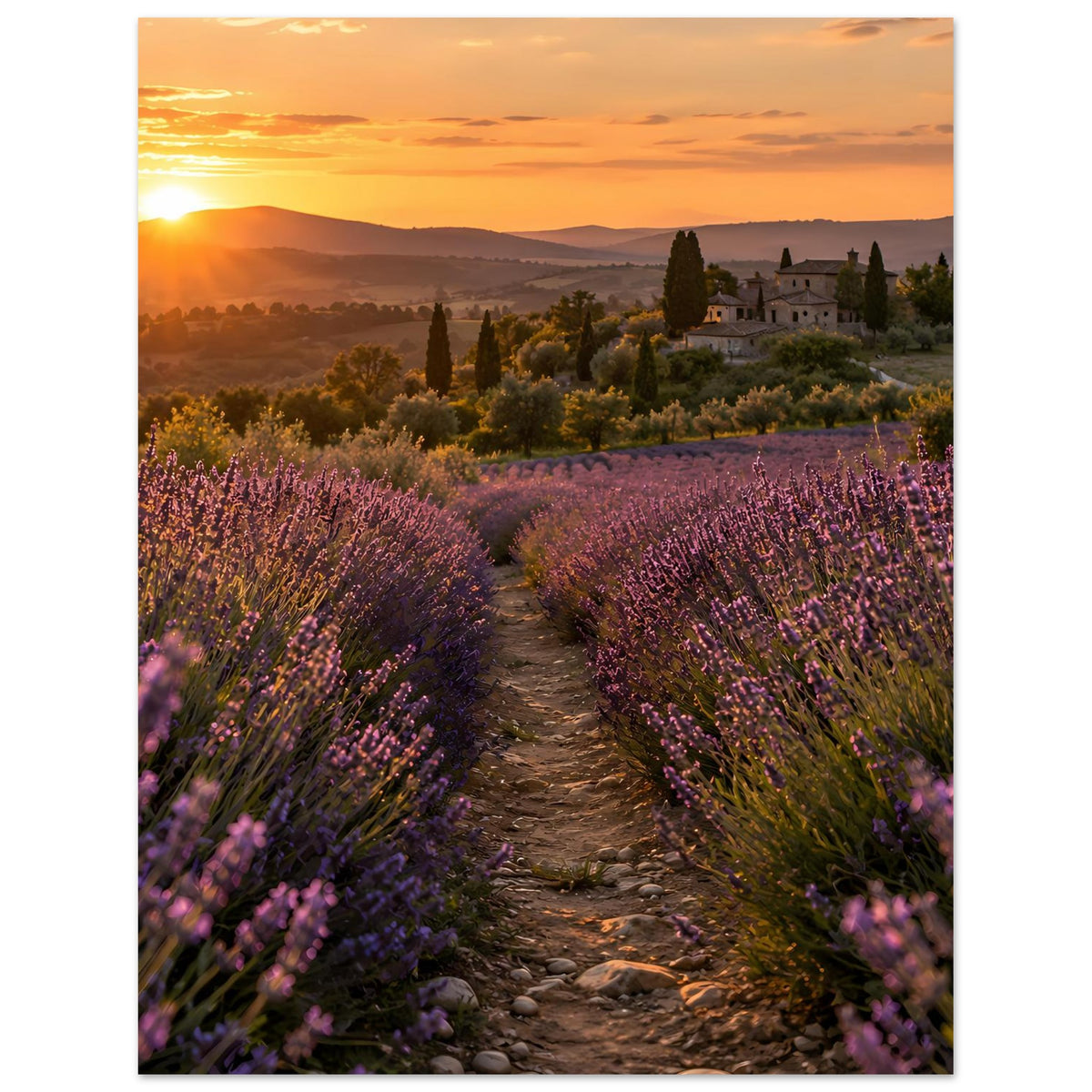 Landschaftsposter mit Lavendelfeldreihe, Feldweg und Schlossanlage bei Sonnenuntergang