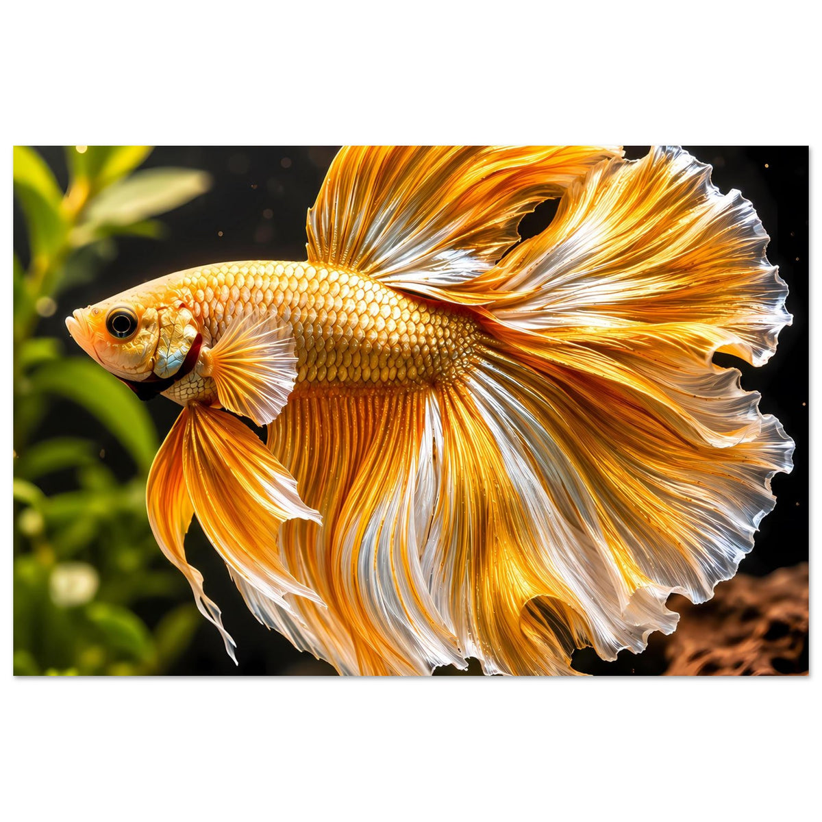 Posterdruck mit goldenem Betta-Fisch, goldorange und weiße Flossen