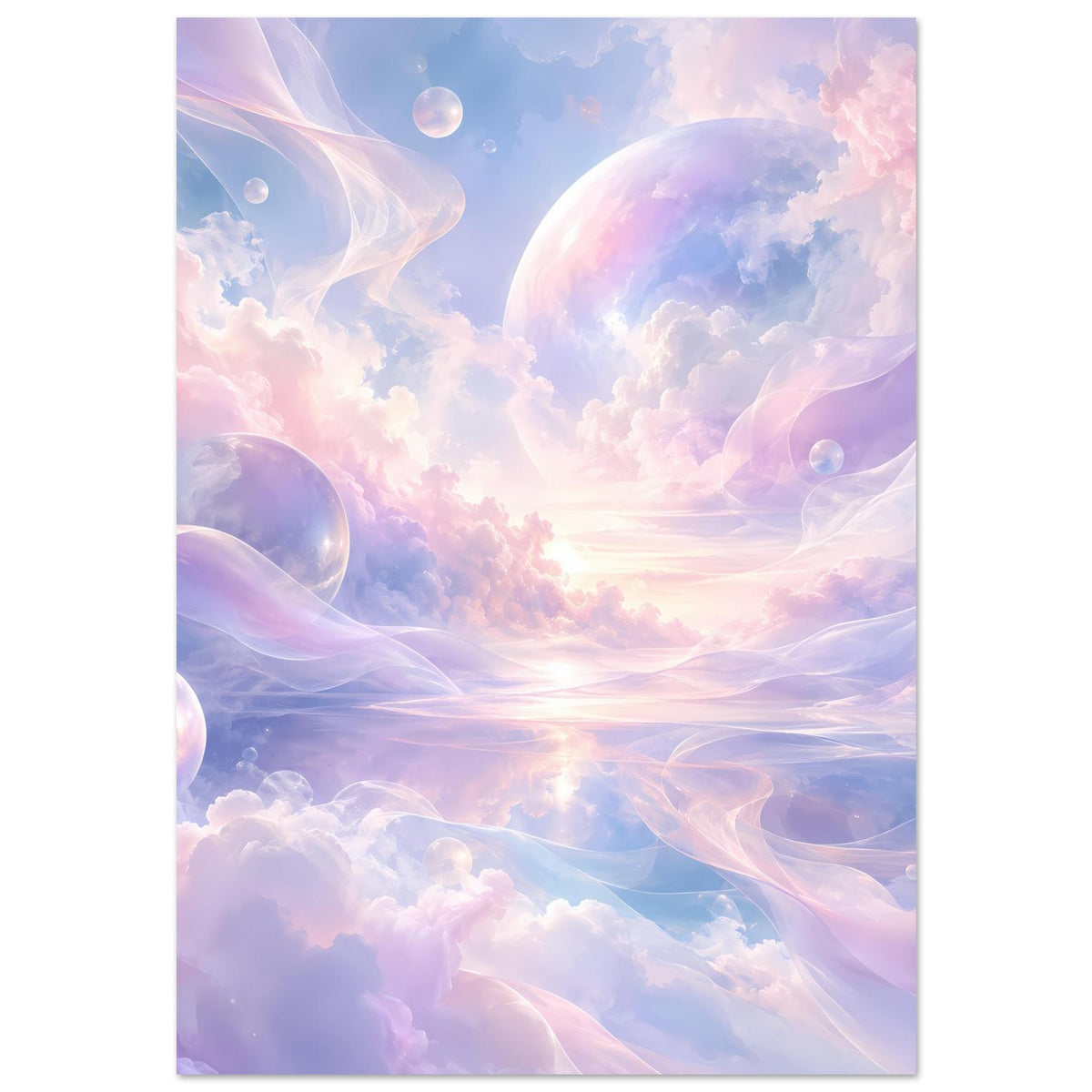 Himmelsmeer-Poster im Hochformat mit pastellfarbenen Wolken und schimmernden Blasen