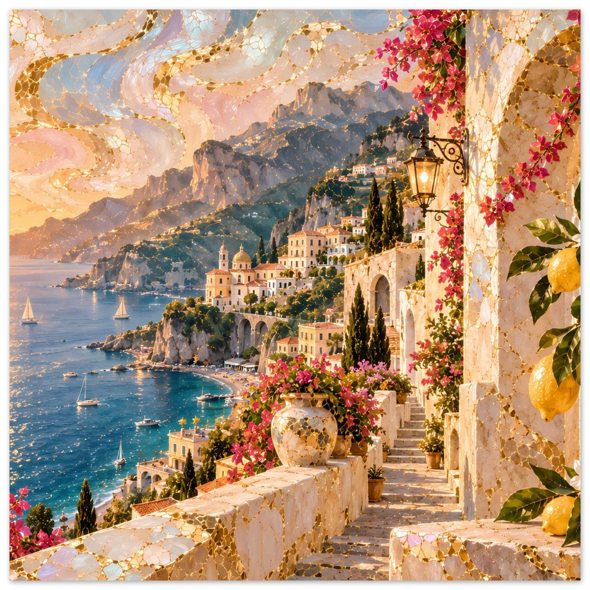 Küstenlandschaft-Poster im Querformat: Meer, Berge, Stadt mit Blumen und Laterne.
