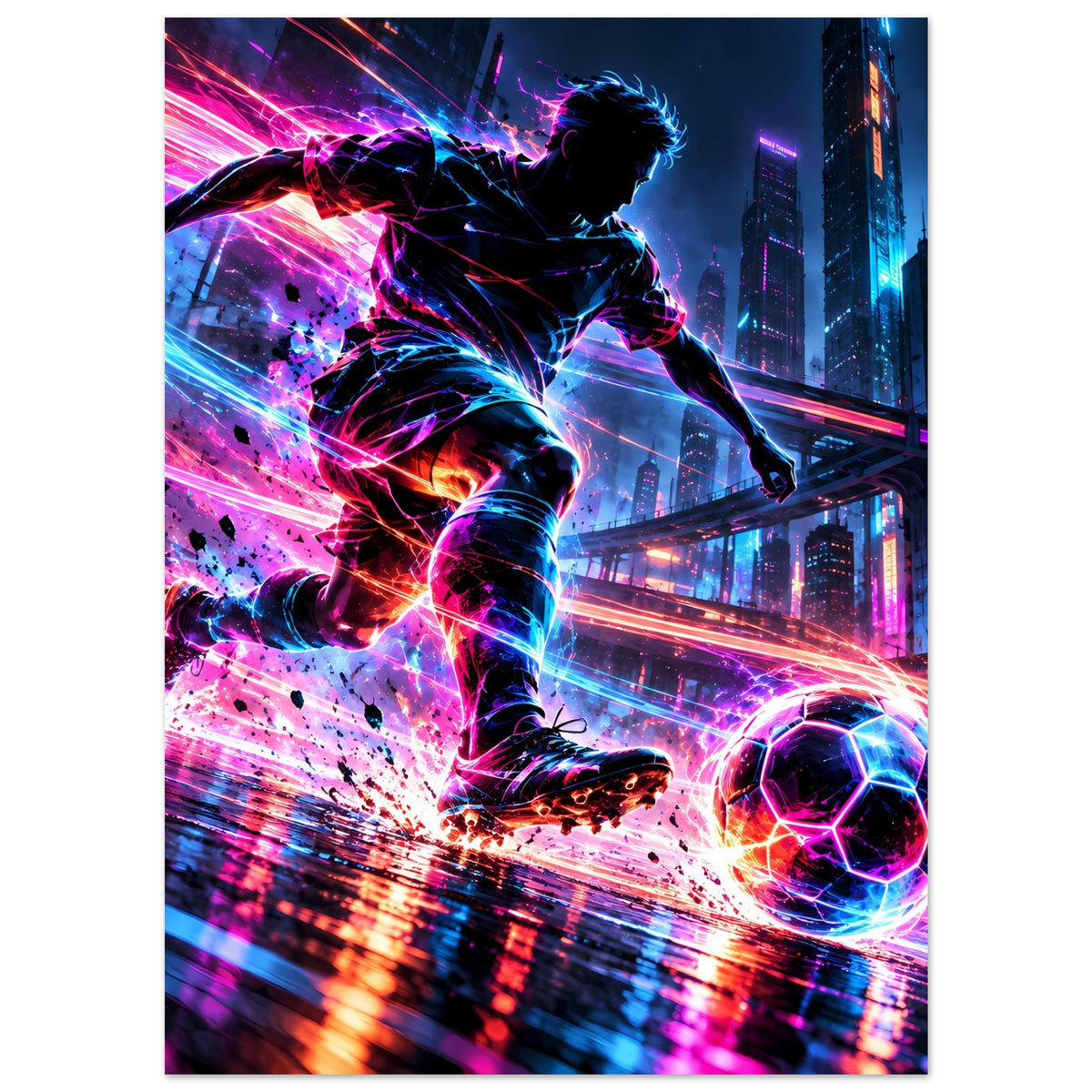 Neon-Fußball-Actionposter mit Fußballer in Aktion, Lichtkaskaden und leuchtendem Ball