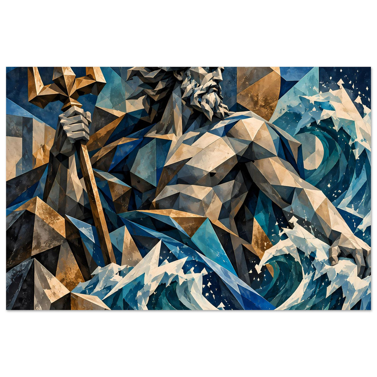 Mythologie-Poster: Poseidonfigur in Dreiecksoptik, Ozeanblau, Goldring und schneidende Wellen