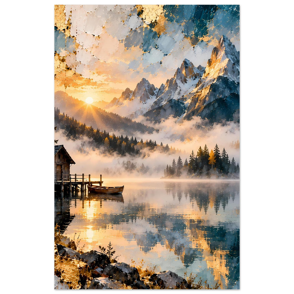 Poster Bergsee-Panorama im Hochformat, Fokus auf Berge, Nebel und See-Spiegelung