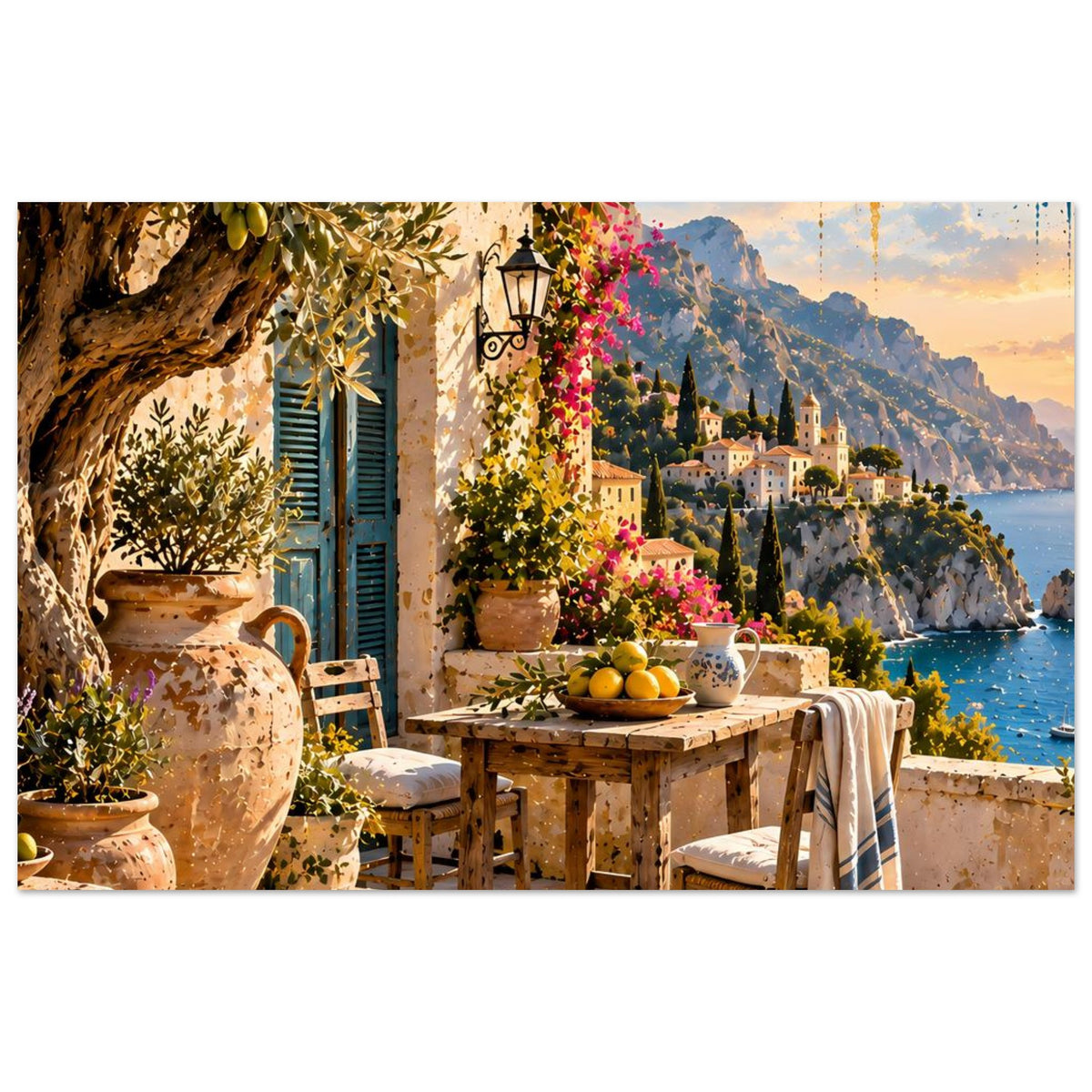 Posteransicht einer mediterranen Terrasse mit Esstisch, Sitzbank, Töpfen, Meer und Bergen.