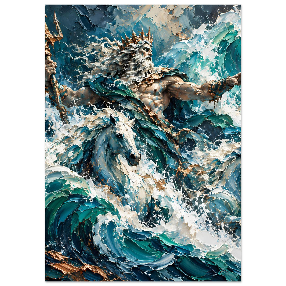 Vertikales Poster mit Neptun im türkisblauen Wellenwirbel, Dreizack links im Bild