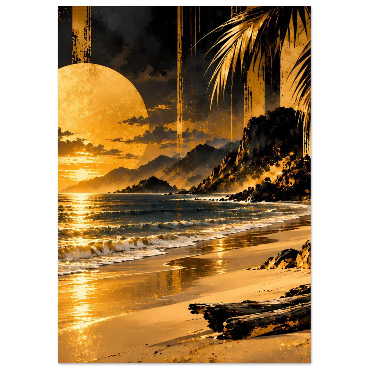 Poster im Hochformat: Strand bei Sonnenuntergang mit goldener Sonne, Palmen und Wellen.