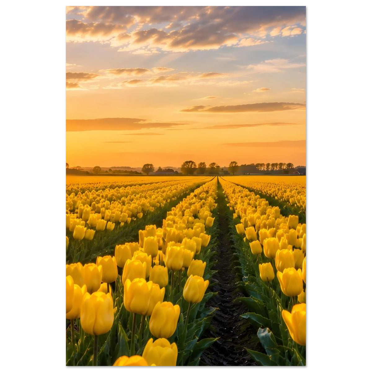 Poster mit gelbem Tulpenfeld und Abendhimmel, Windmühle zentral am Horizont