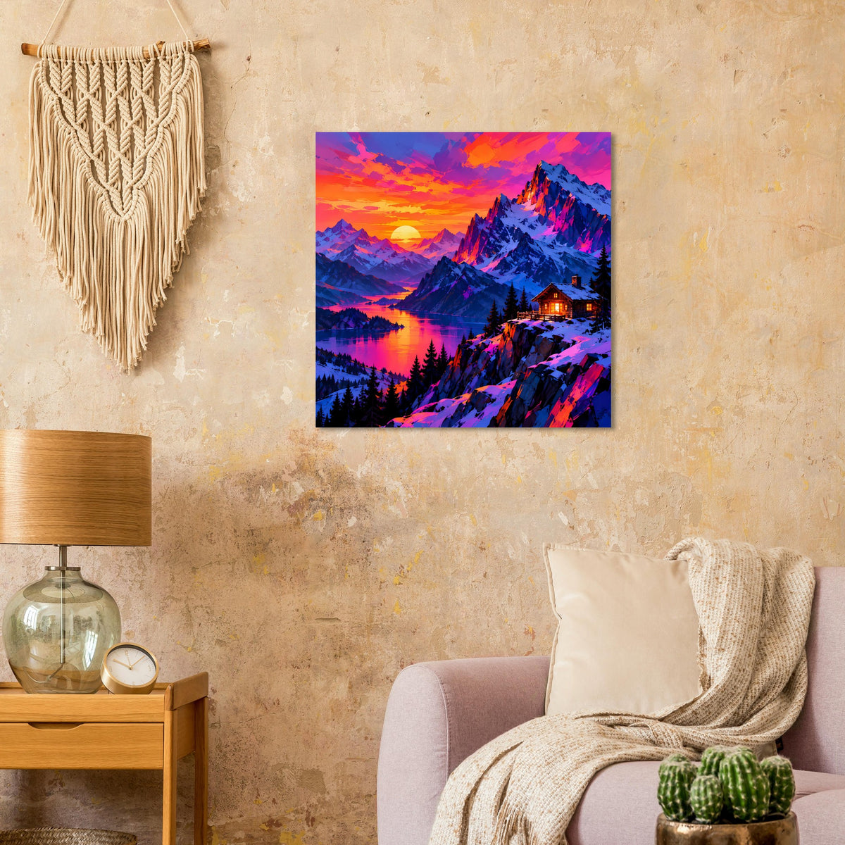 Quadratisches Poster: farbenfrohe Bergszene mit See, Sonne im Sonnenuntergang und Hütte