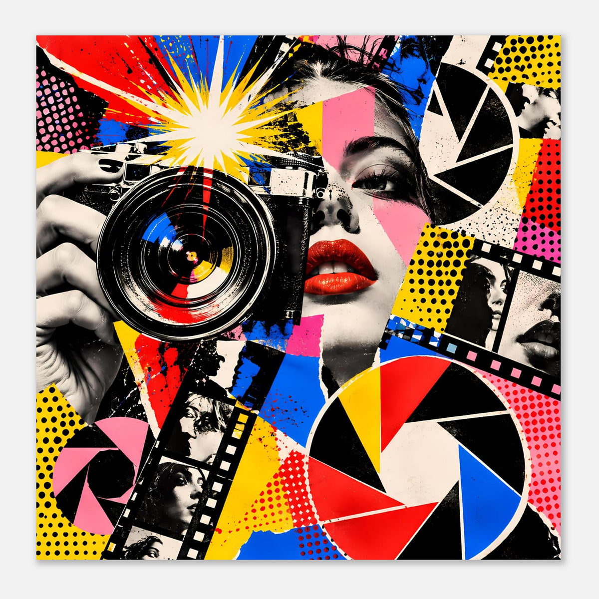 Pop-Art-Poster im Querformat mit Kamera-Linse, Frauengesicht und gelben Sonnenstrahlen
