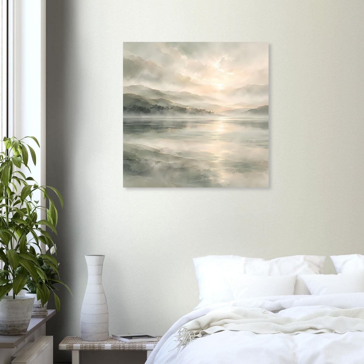Quadratisches Poster mit Seeoberfläche und Wolkenhimmel in sanften Grautönen