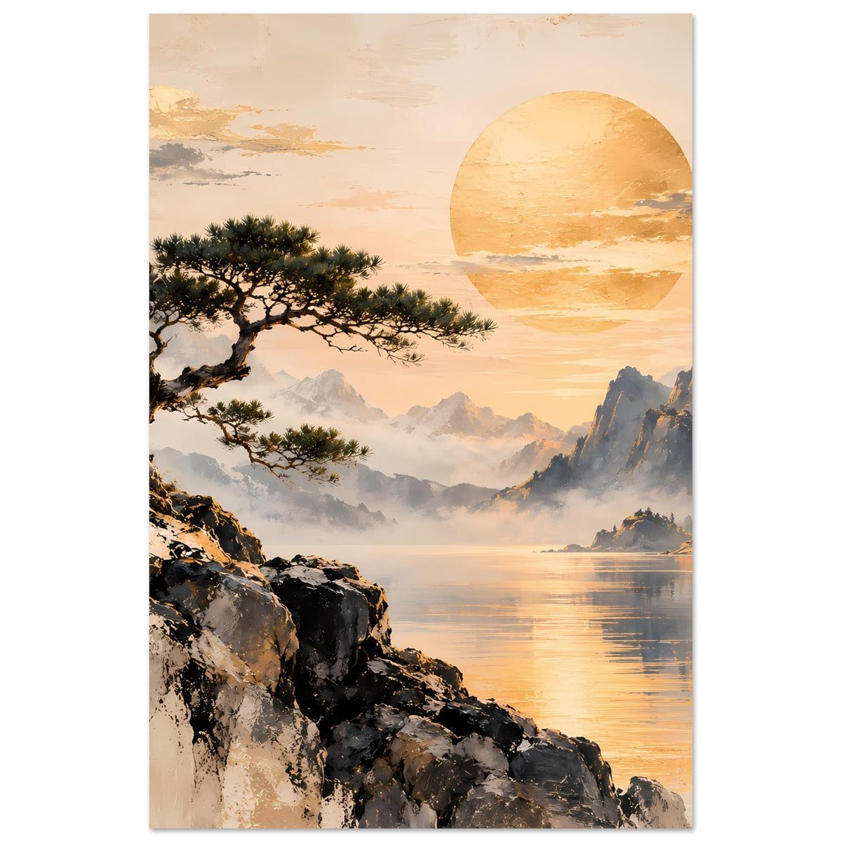 Landschaftsposter: goldenes Sonnenmotiv, Berge, Wasser und Felsen, Baum im Vordergrund