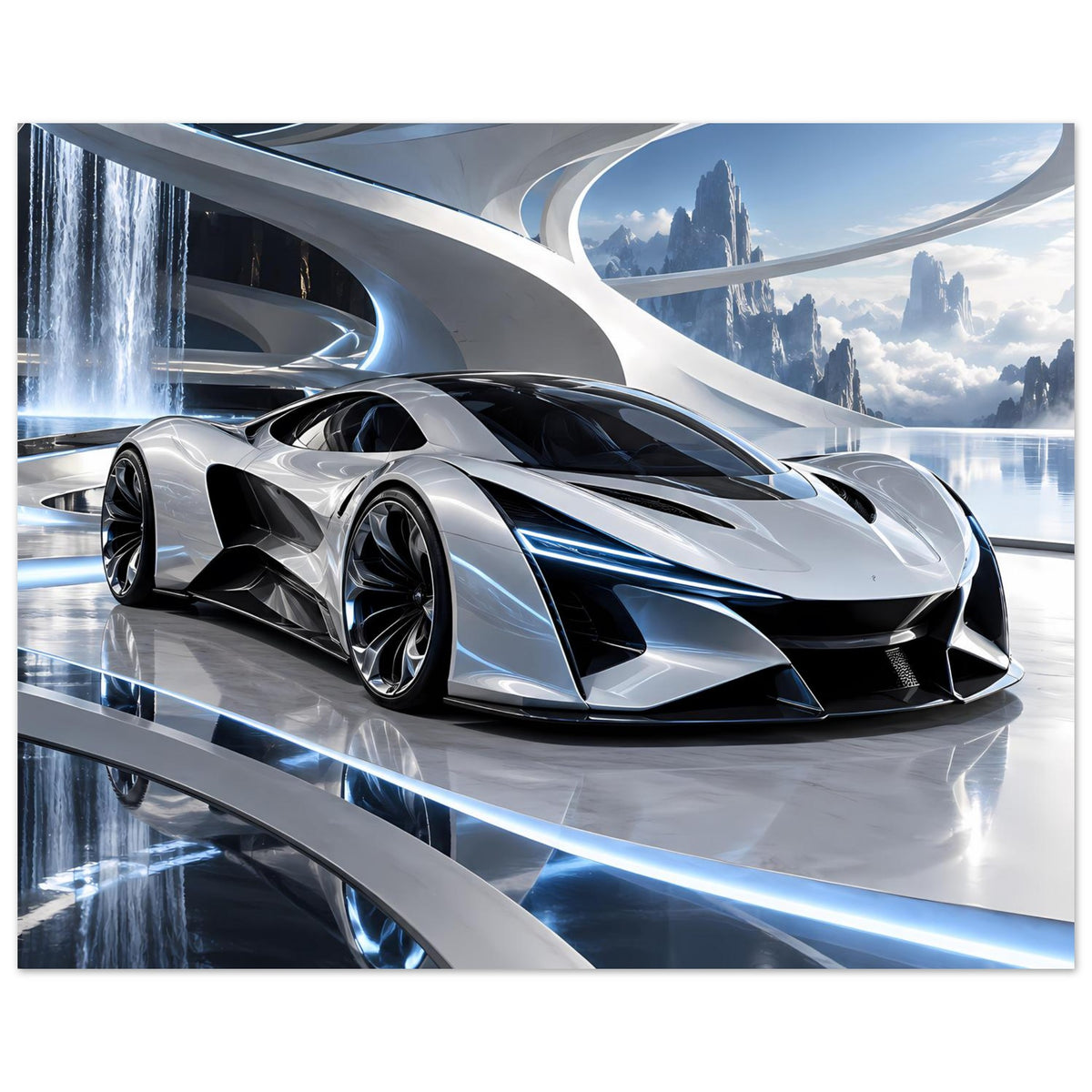 Futuristisches Auto-Poster: silberner Supersportwagen mit schwarzen Lufteinlässen