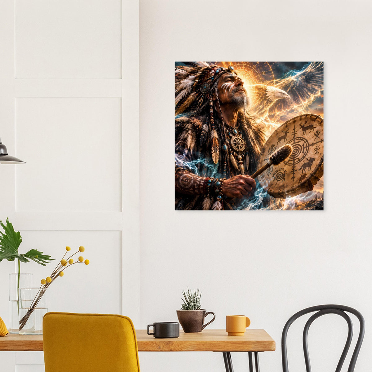 Fantasy-Poster: Schamane mit Trommel, gelber Adler und kreisförmige Ornamente