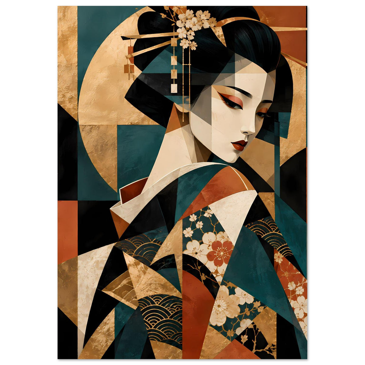 Kunstposter mit Geisha in buntem Kimono, florale Akzente, Gold-, Türkis- und Rotnuancen