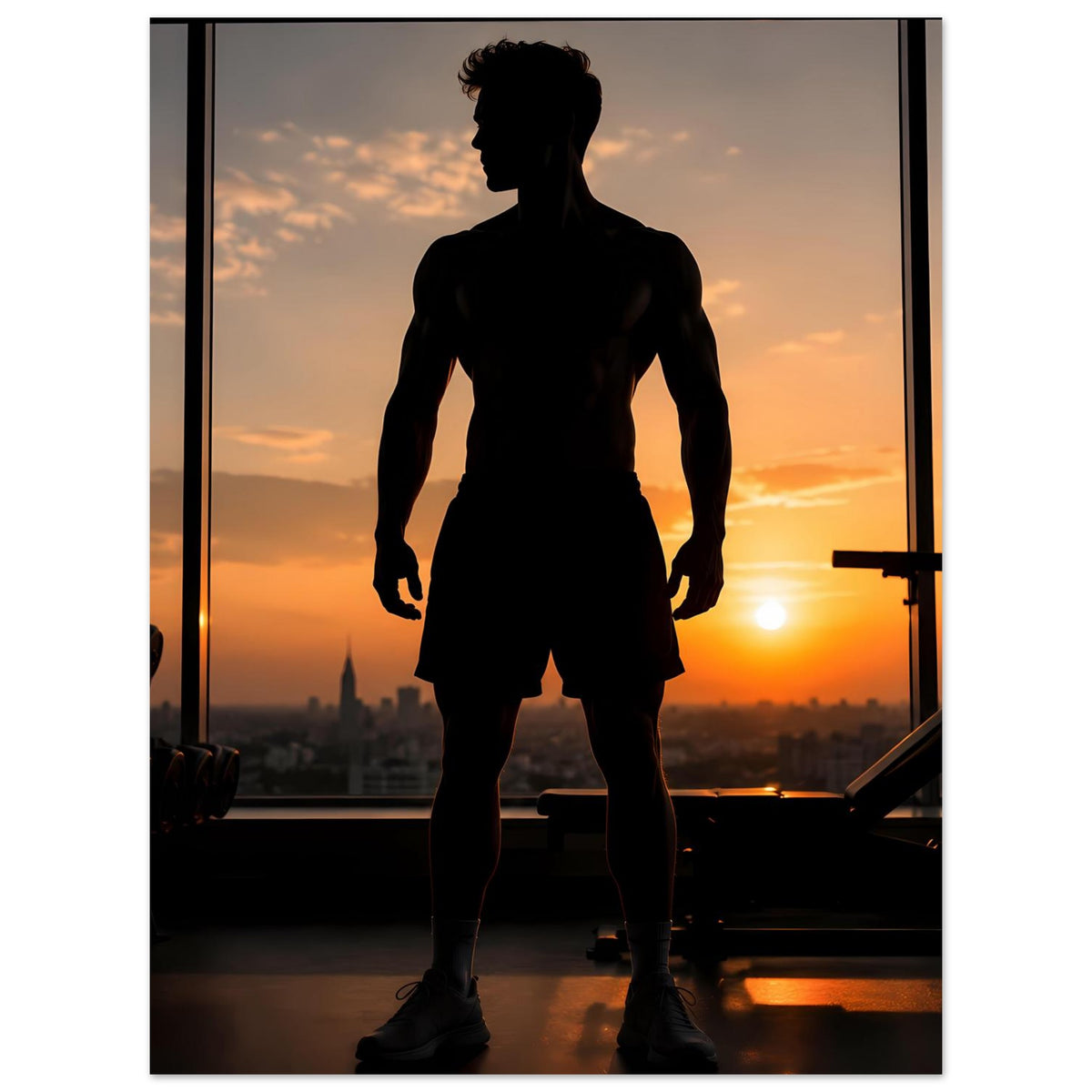 Fitness-Poster mit Sportler-Silhouette im Profil, Ganzkörperansicht in hellem Gegenlicht.