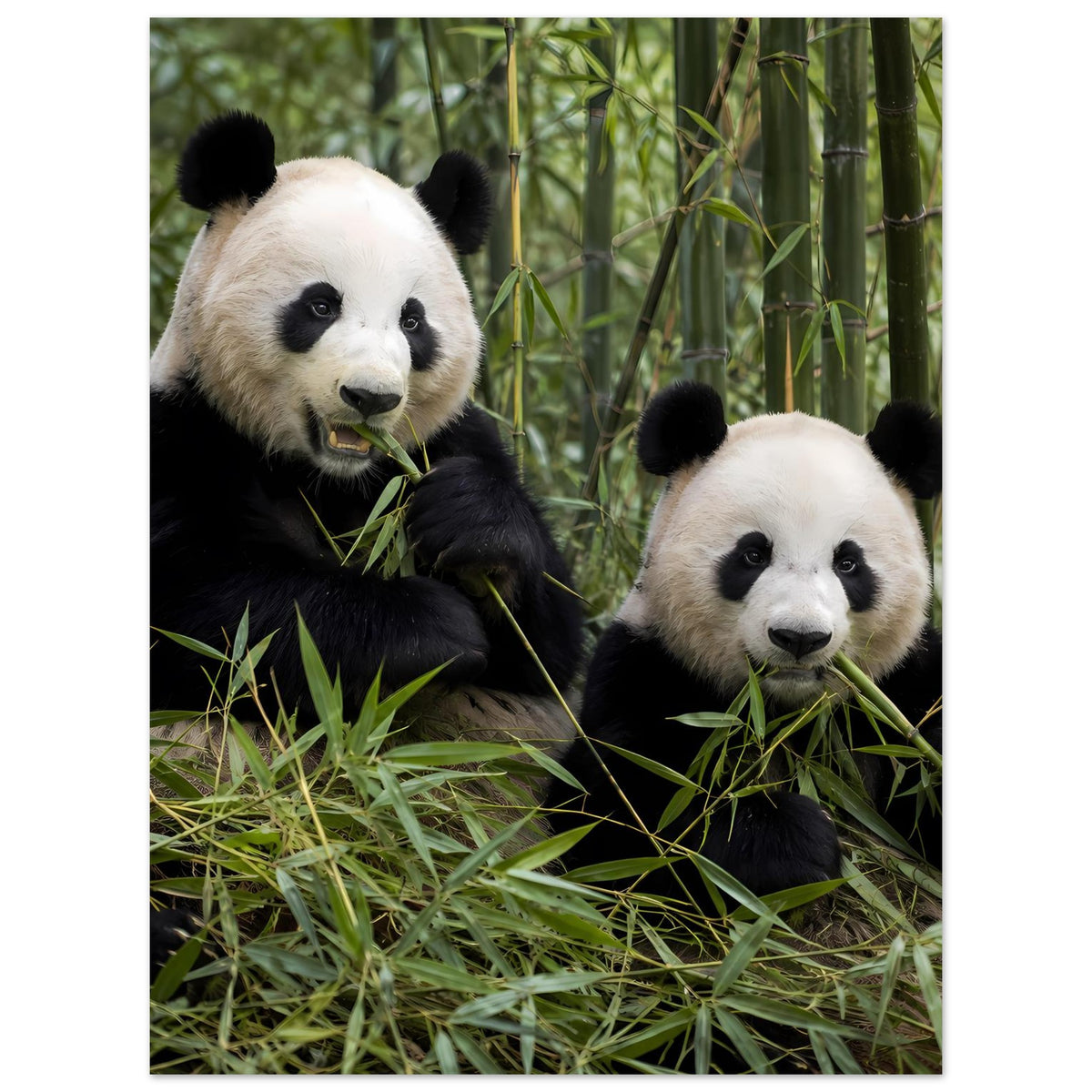 Duo-Poster mit zwei Pandas im Bambus, eine vorne, beide kauen an grünen Blättern