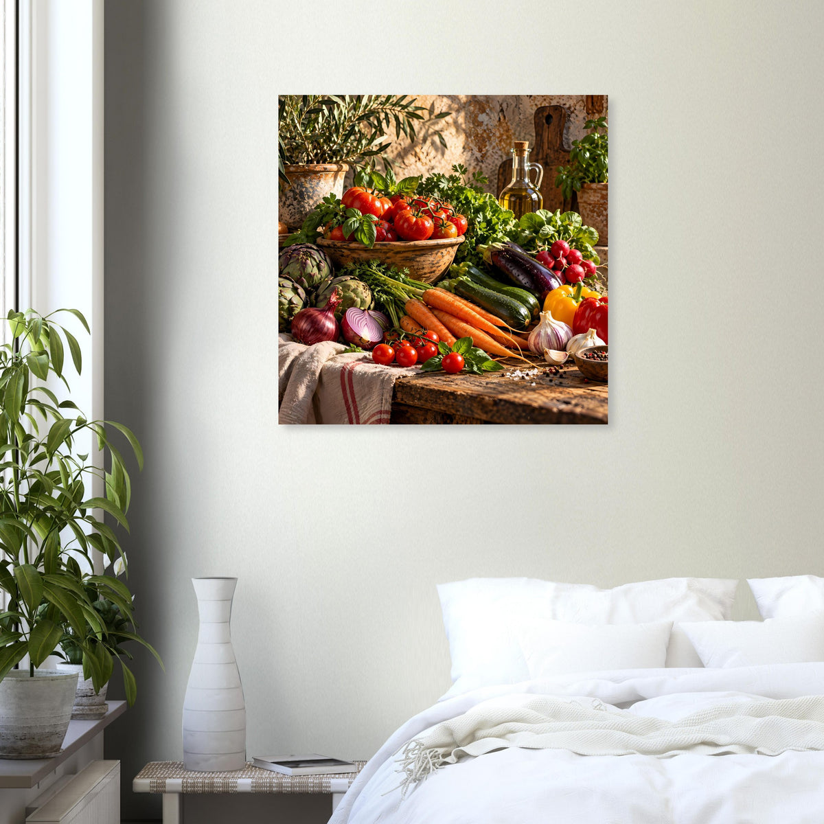 Küchenposter mit Gemüse und Kräutern in einer Holzschüssel, quadratischer Druck