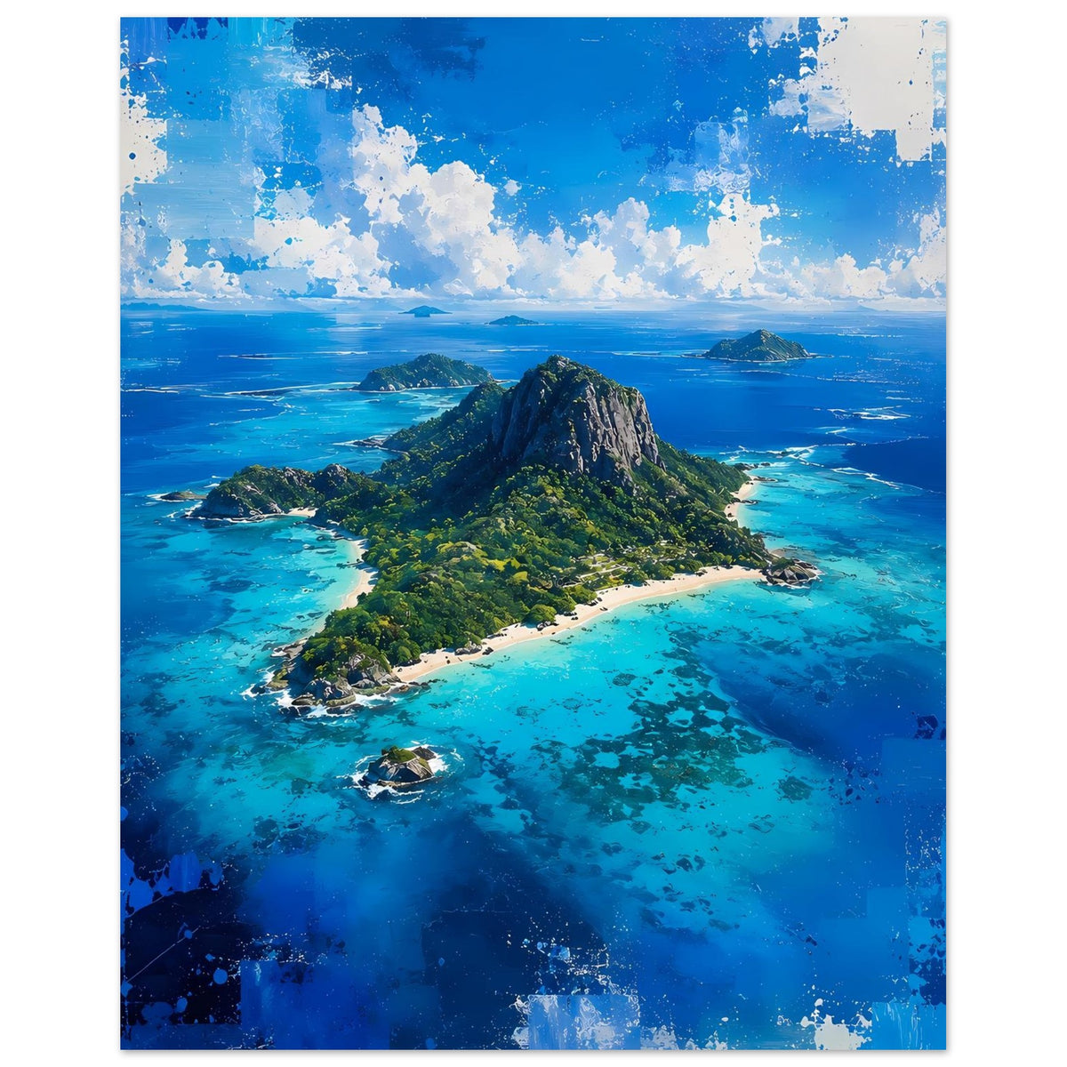 Poster mit tropischer Insel, Felsberg und türkisfarbenem Meer mit Sandstränden (hochkant)