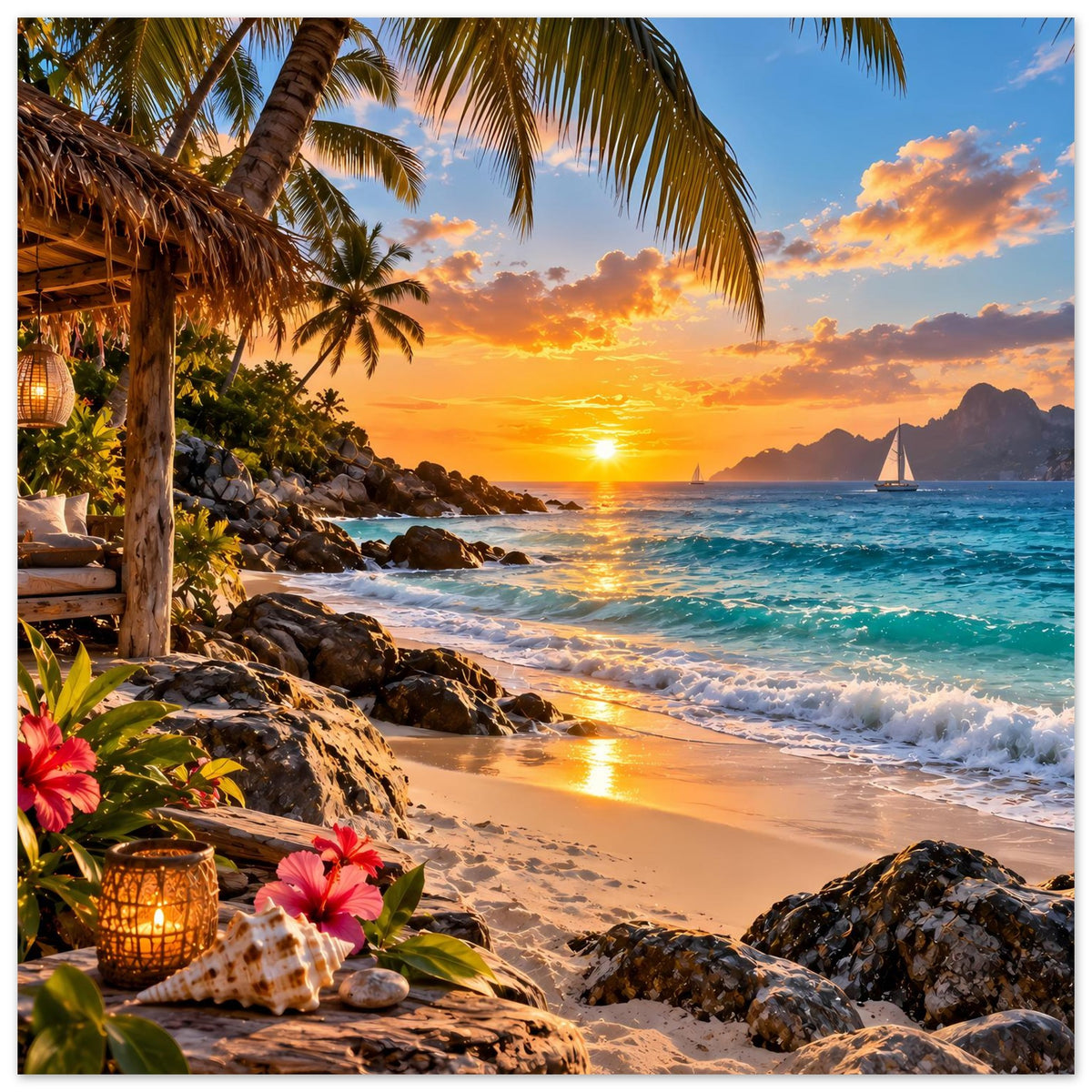 Poster tropischer Strand Sonnenuntergang im Hochformat: Palmen, Wellen, Steine und Blumen am Rand