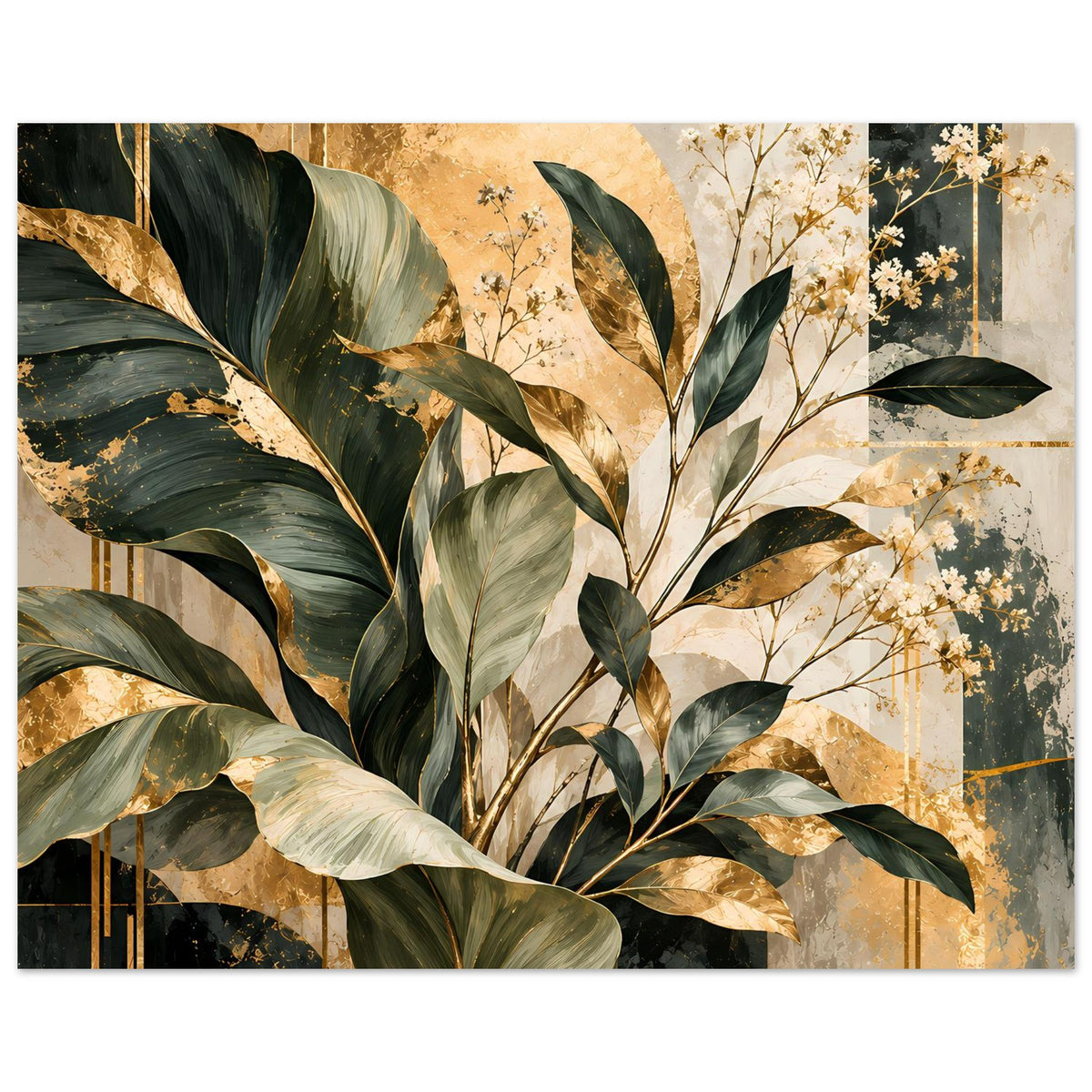 Rechteckiges Poster mit botanischem Design: dunkelgrüne Blätter, Goldtöne und Blüten