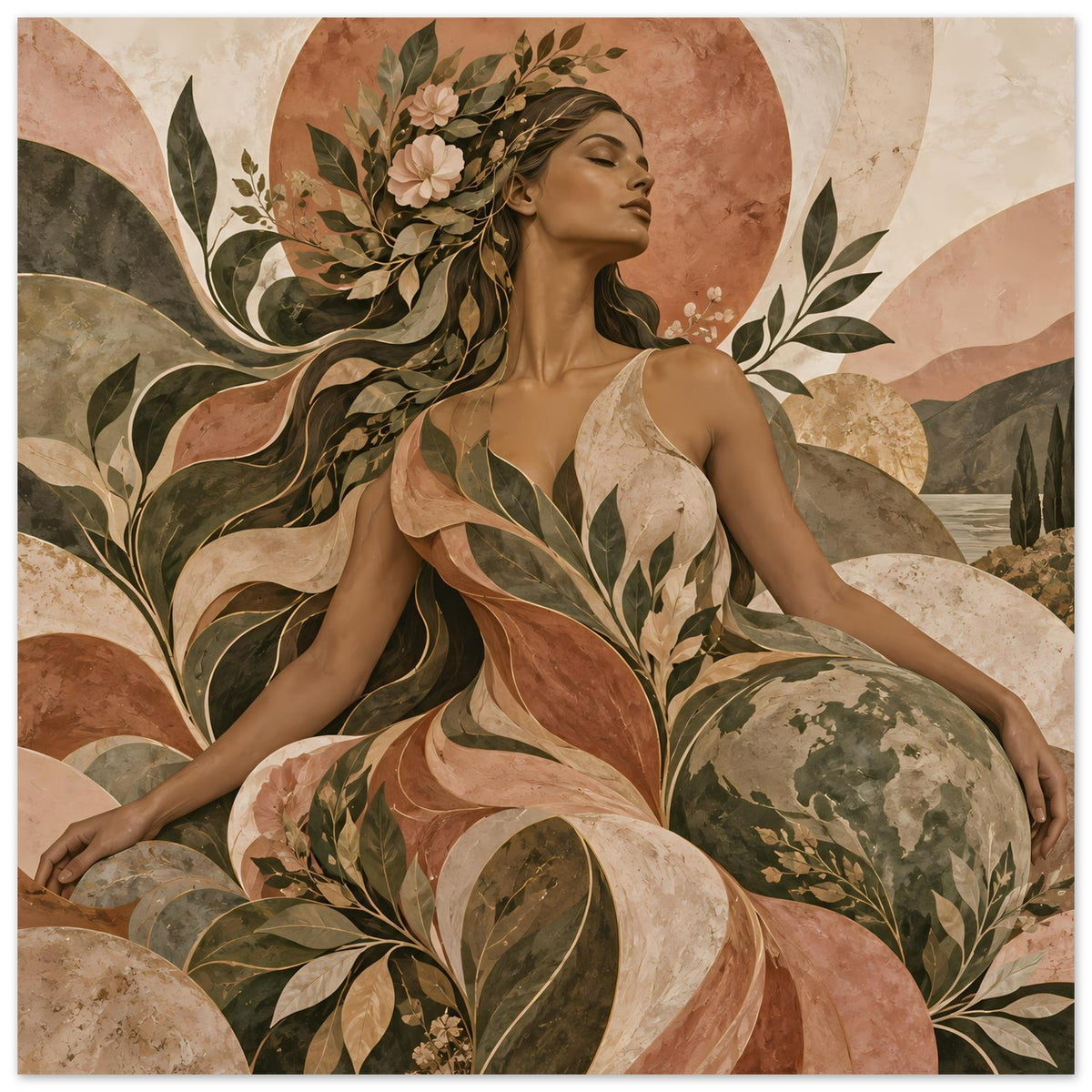 Kunst-Poster: Fraufigur mit Blumenkranz und wehenden Haaren, Blattmuster in Erdtönen