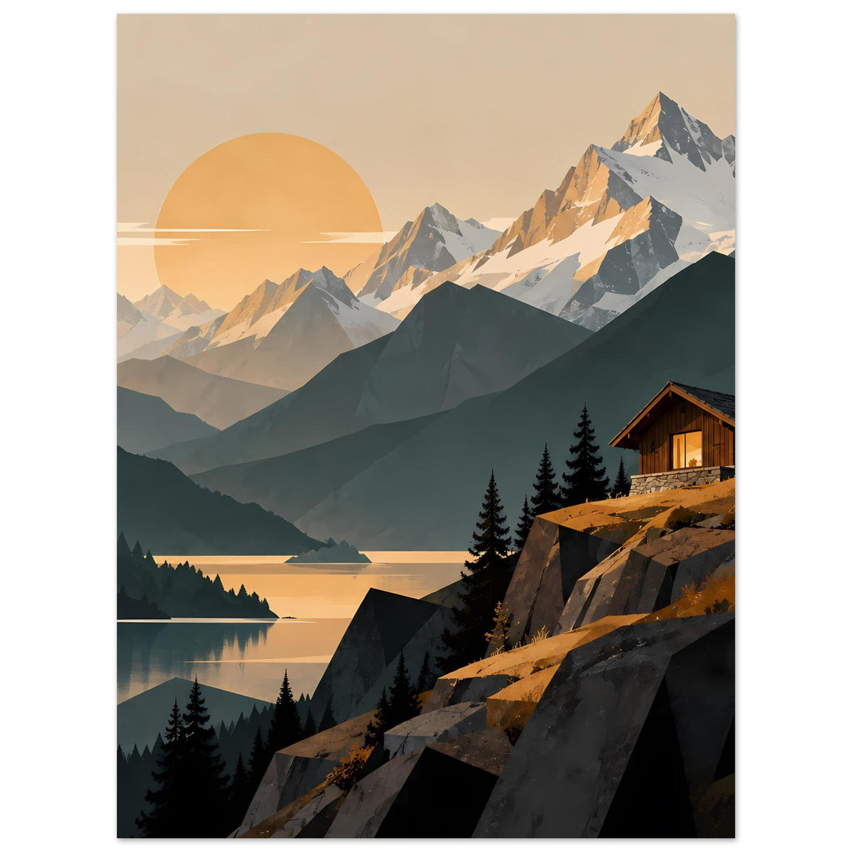 Wandposter mit Alpenbergen, ruhigem See und Spiegelung, Sonnenscheibe und Holzhaus