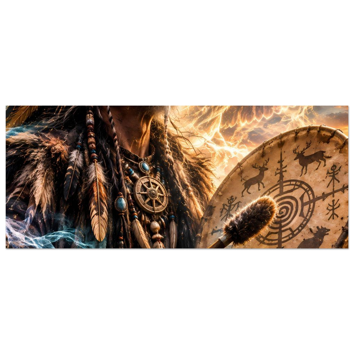 Fantasy-Poster Ausschnitt: Schamane, Trommel mit Symbolen und goldener Adlerflügel