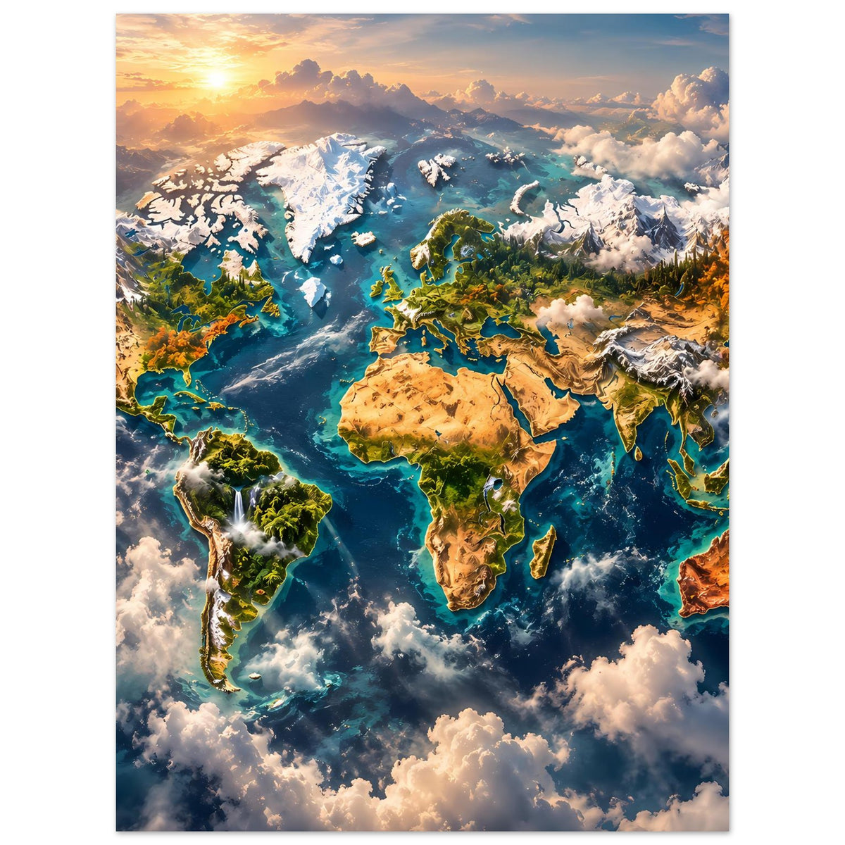 Weltkarten-Poster im Hochformat mit Weltkarte, Kontinenten in Grün und Braun auf Wolken