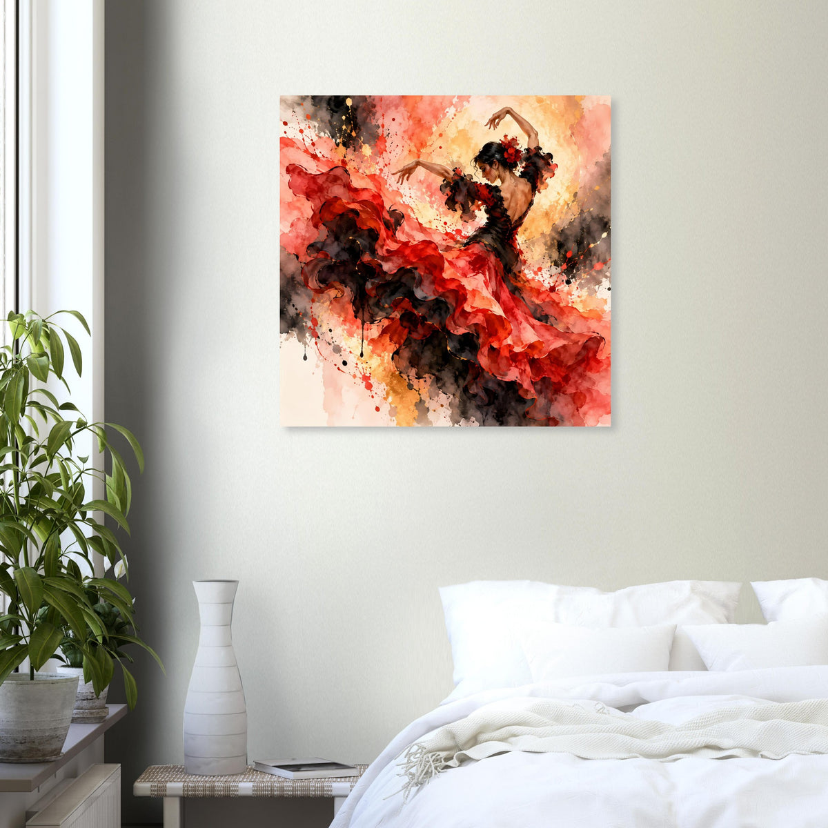 Quadratisches Kunstposter mit Flamenco-Tänzerin in Rot und Schwarz, schwarze Spritzer