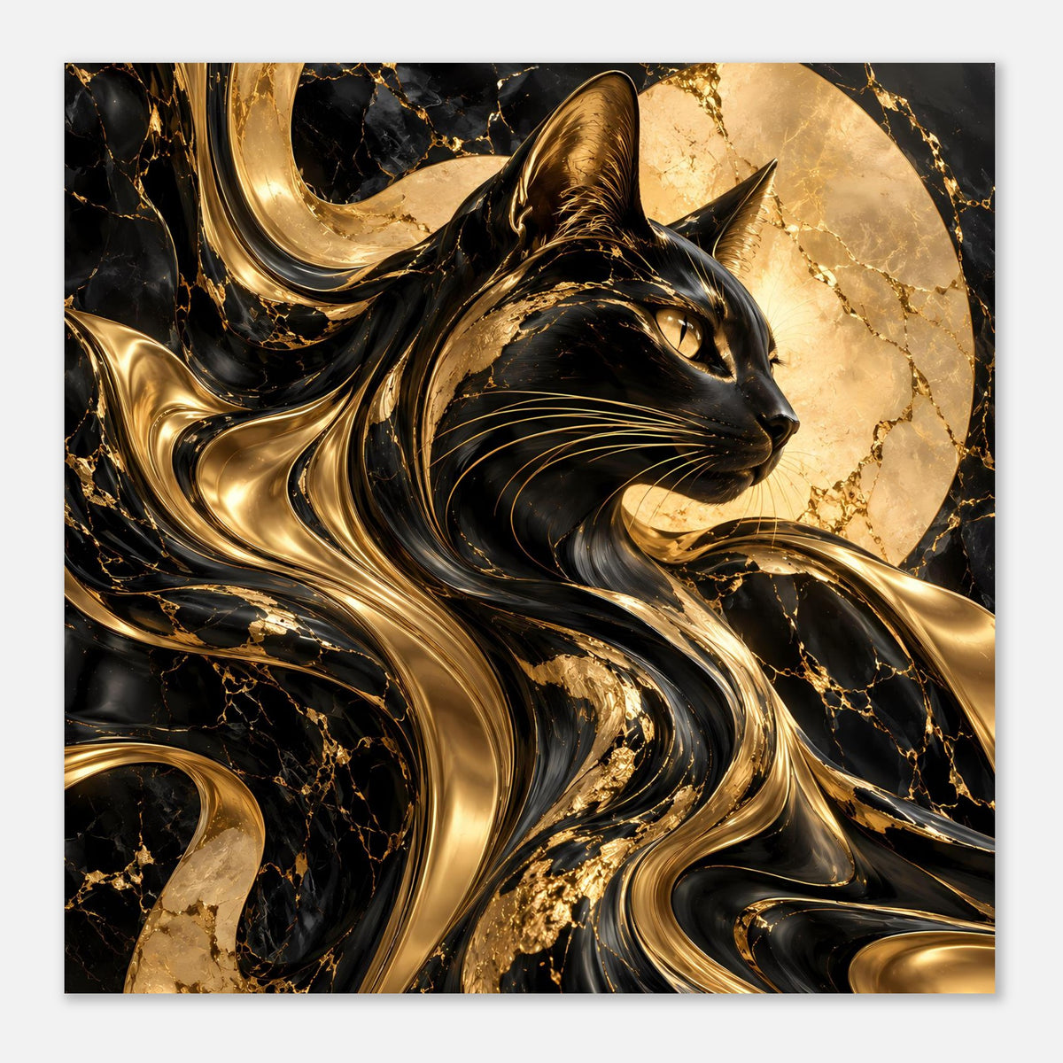 Poster im Querformat mit schwarzer Katze und goldenen, fließenden Formen, marmoriert