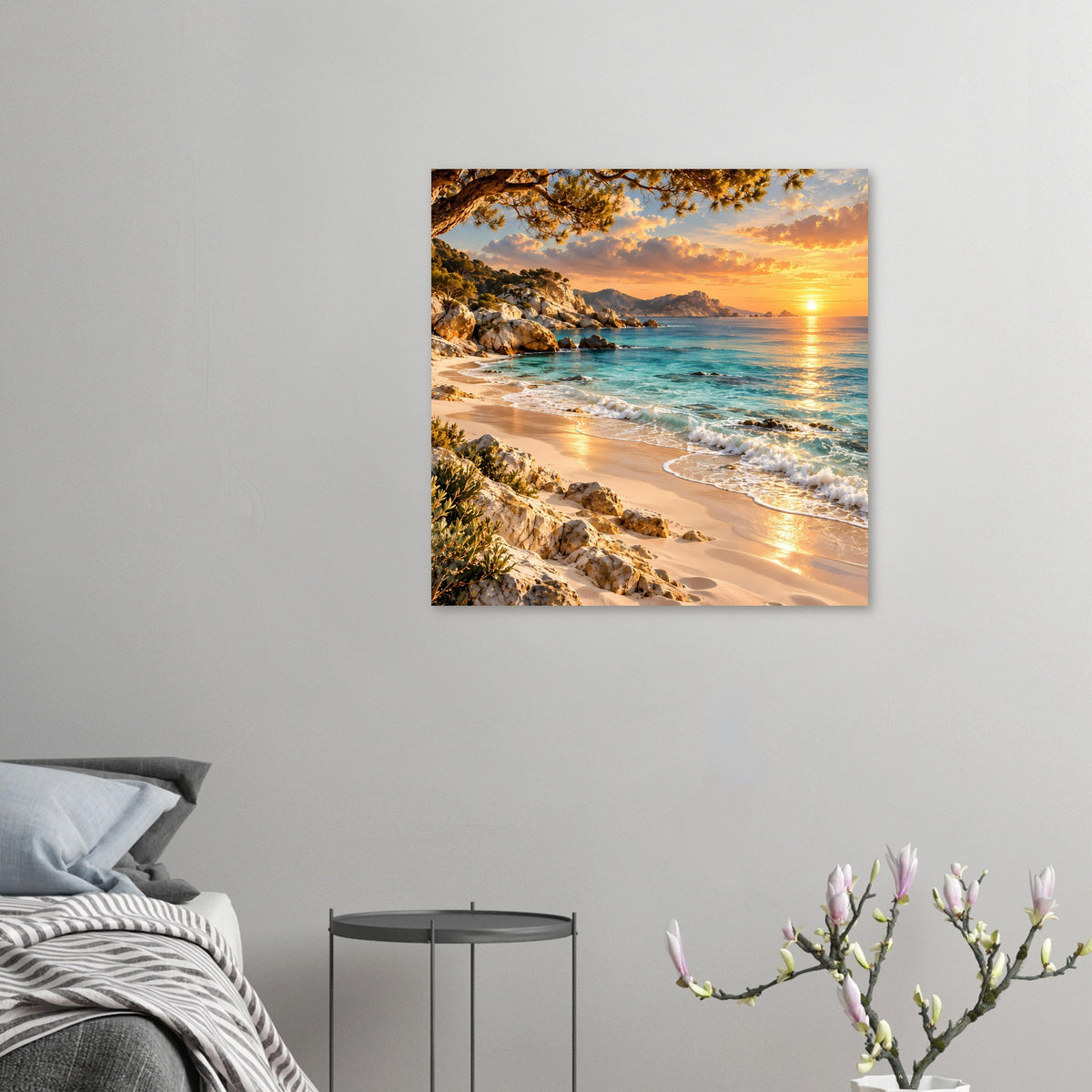 Kleines Querformat-Strandposter mit Felsenküste, Brandung und untergehender Sonne