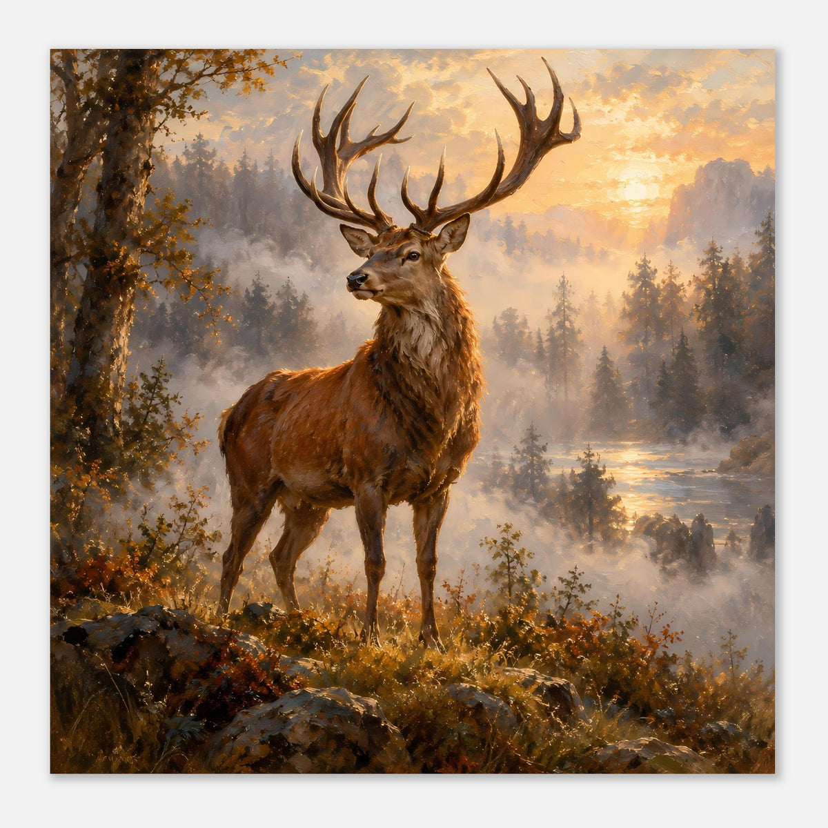 Majestic Stag Poster: Hirsch vor nebligem Wald und goldener Sonne im Hintergrund