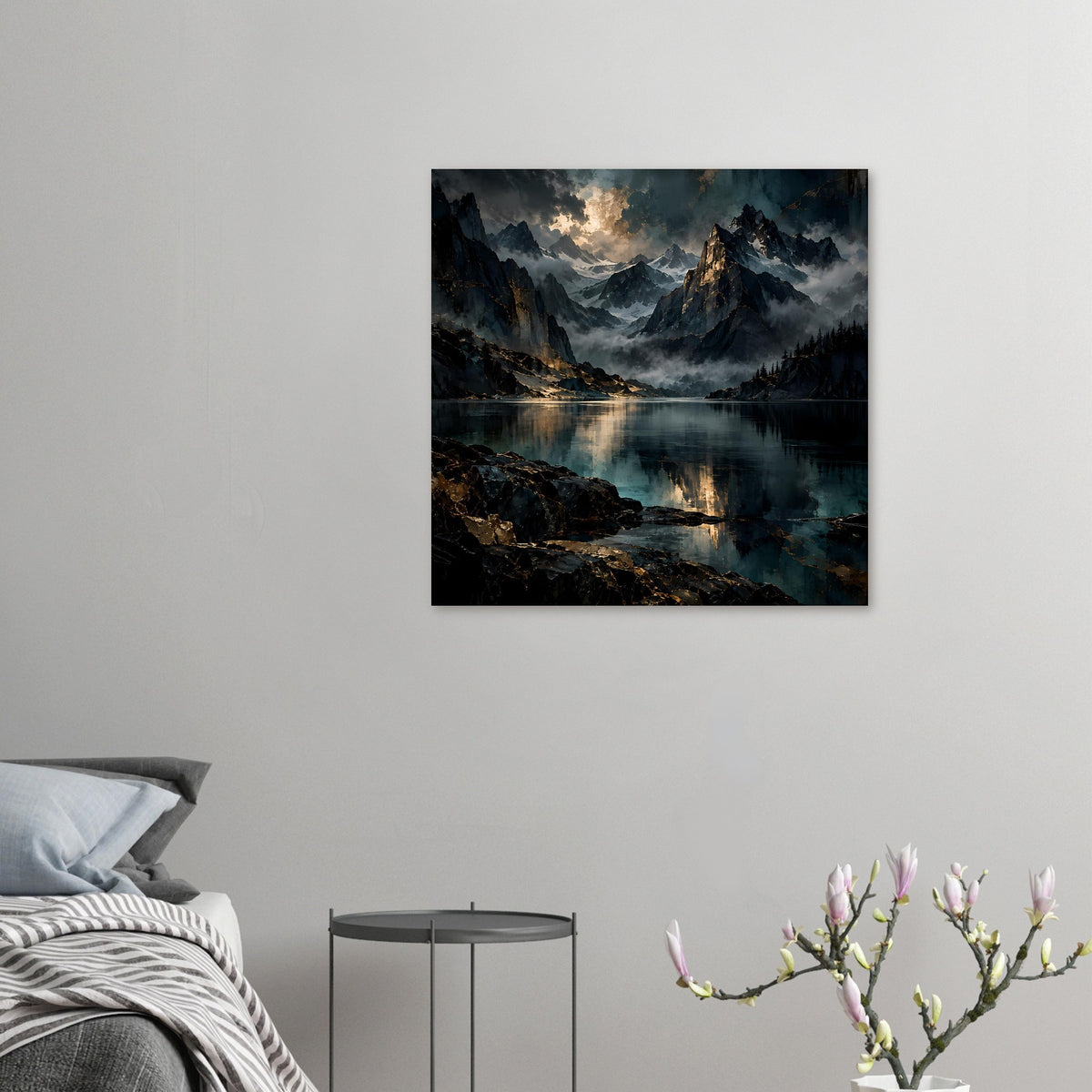 Kleines Landschaftsposter mit Bergsee im Dämmerlicht an der Wand