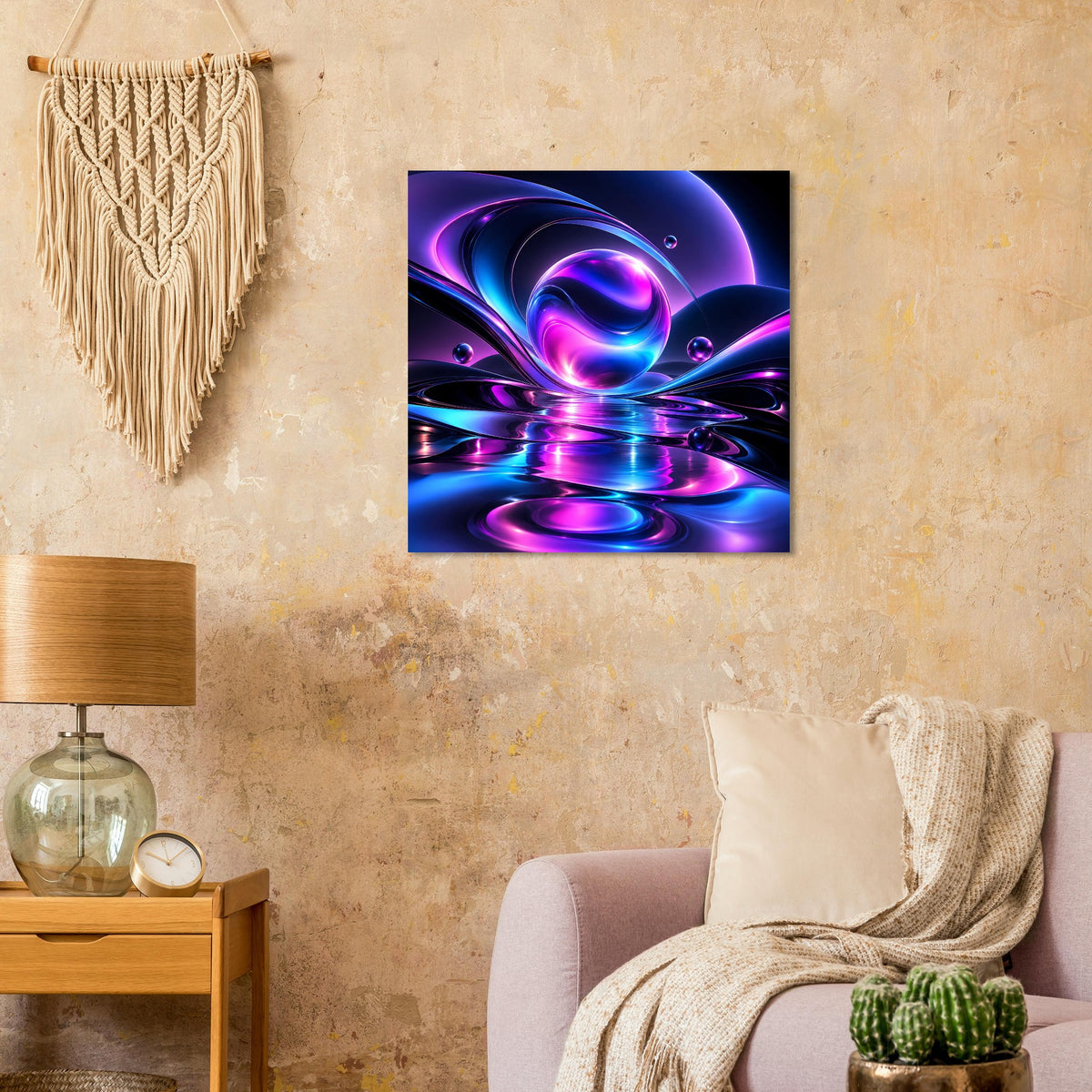 Quadratisches Poster: abstrakte Neonlichter in Blau und Violett mit bunten Kreisreflexionen