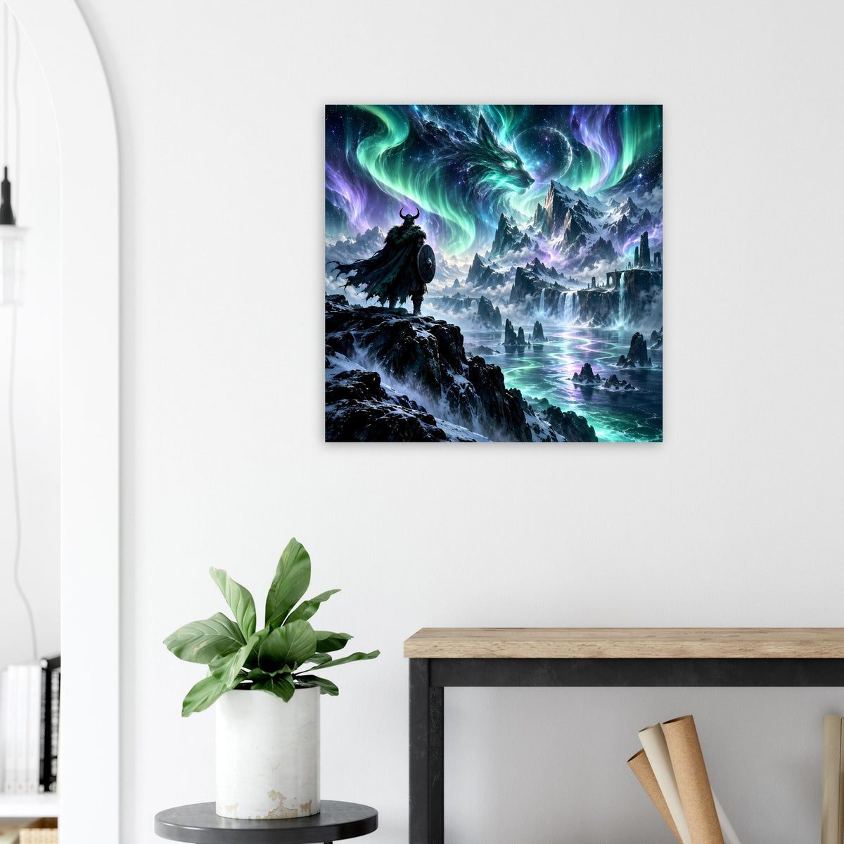 Fantasy-Poster mit Krieger-Silhouette, Drache und Polarlicht über See und Nebelwäldern