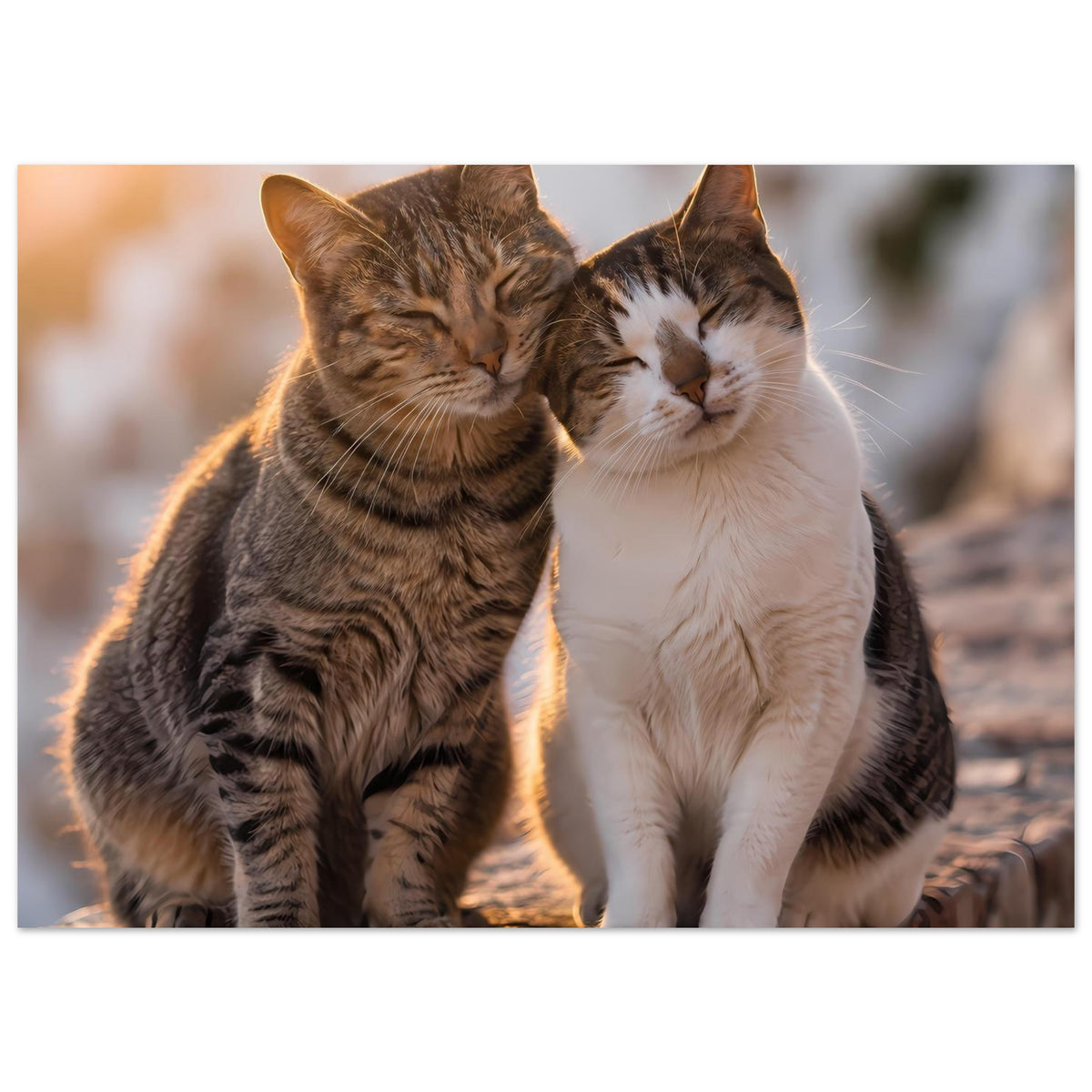 Poster mit zwei Katzen, braun getigert und weiß gefleckt, Augen geschlossen