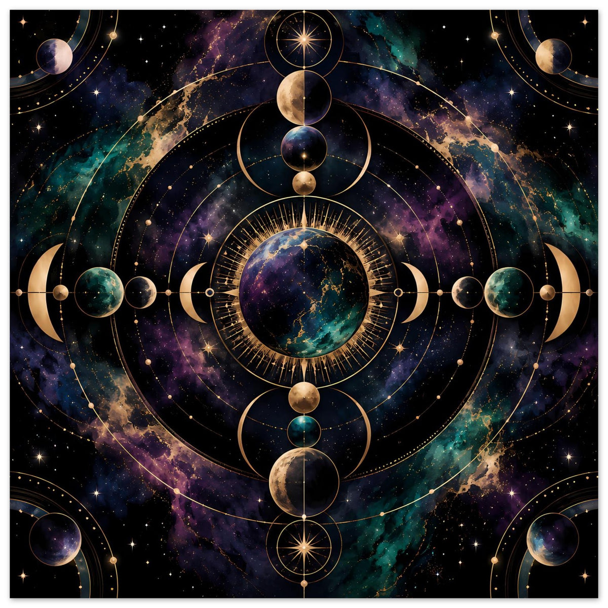 Poster mit kosmischem Kreisdiagramm, goldenen Akzenten und violett-grünen Planeten