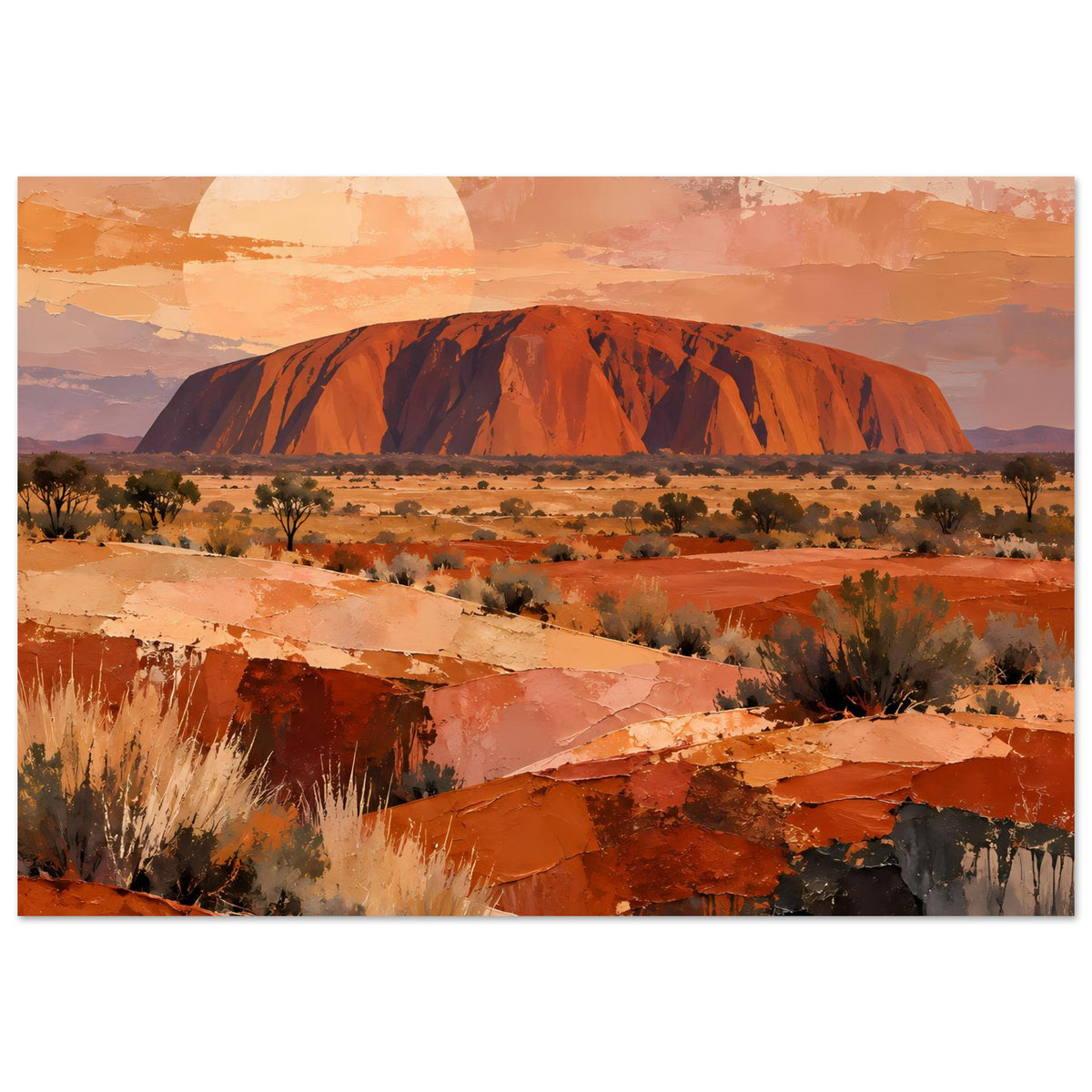 Poster im Querformat mit Uluru-Felsformation und Wüstenvegetation in warmen Erdtönen